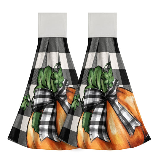 Fall Hanging Kitchen Towel Pack of 2- Autumn Orange Pumpkin Checkered Decor Hand Loop Hook Towels- Buffalo Plaid Thanksgiving Soft Washcloth Dish Wipe Towel for Bathroom Laundry Room