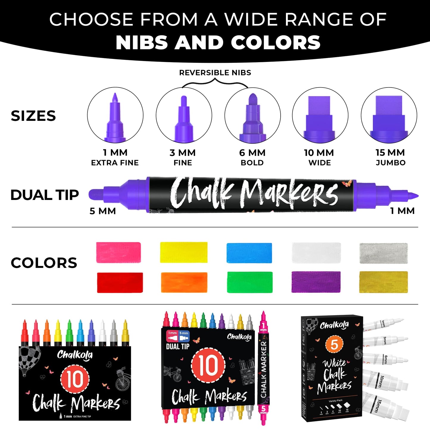 Chalkola Liquid Chalk Markers Erasable (10 Pack) w/Gold & Silver - Washable Paint Chalk Pens for Chalkboard Signs, Blackboard, Car Window, Bistro, Glass, Board - Neon Wet Wipe 6mm Reversible Bold Tip
