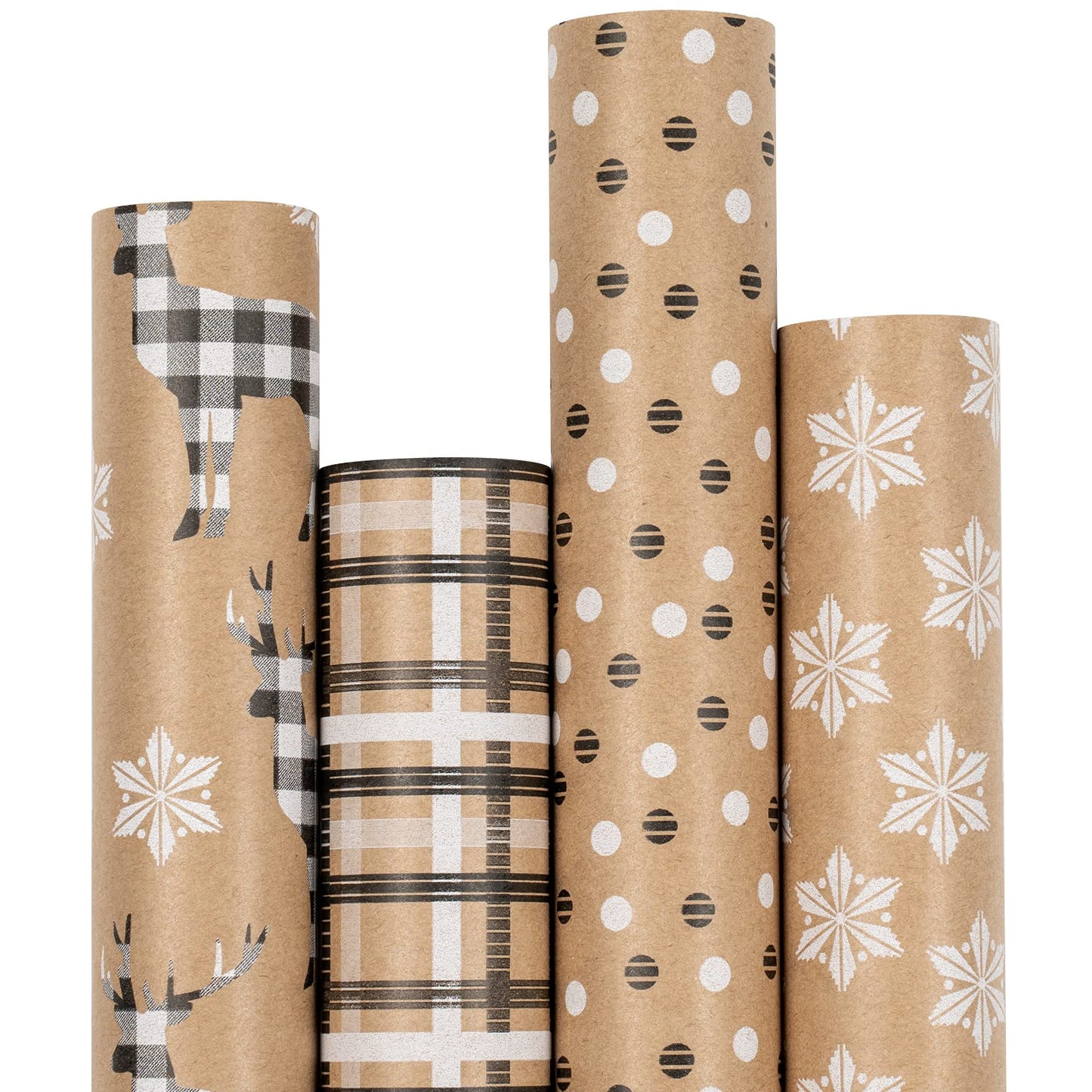 Christmas Wrapping Paper, Kraft Paper - Deer, Snowflake and Plaid Style Designs - 4 Rolls - 30 inches x 10 feet per Roll