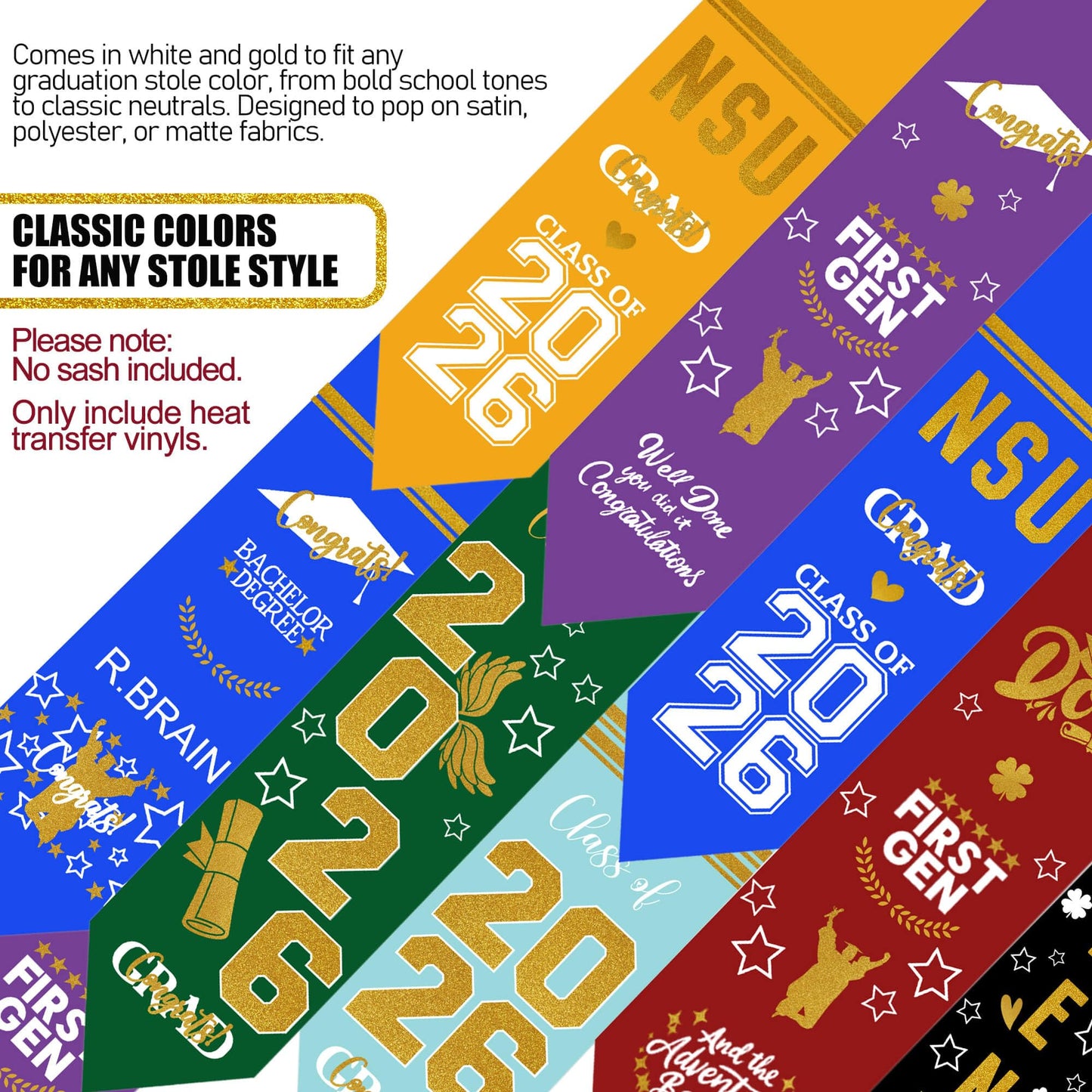 Graduation Stole Sash Class of 2026 Decorations DIY Customize Graduation Stole Graduation Sash Personalized Iron-On Decals Heat Transfer Vinyl HTV Cutouts Set, White Gold