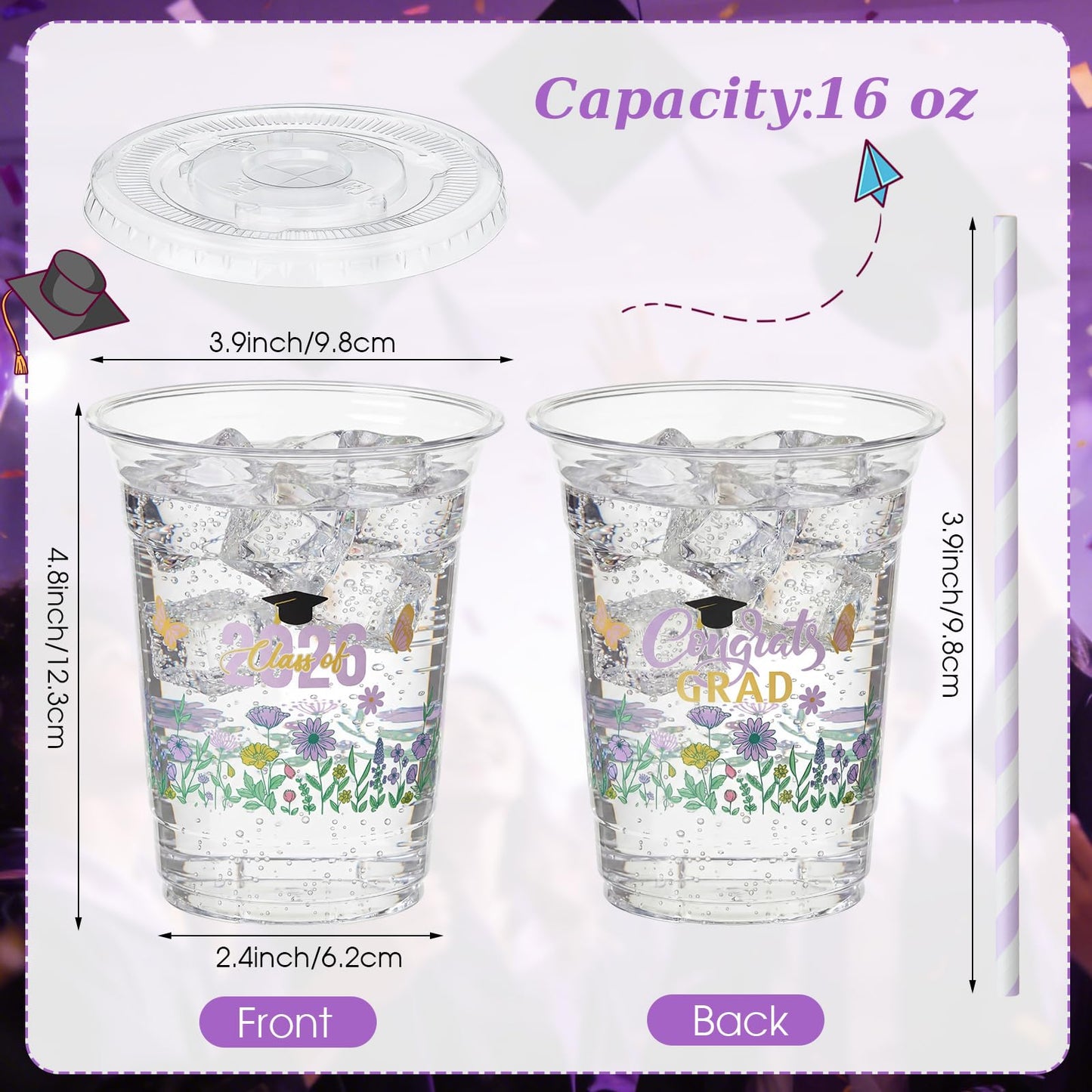 Sliner 50 Sets 16 oz Purple Graduation Plastic Cups Wildflower Congrats Grad Disposable Drinking Cups with Lids and Paper Straws for Hot Cold Drinks Class of 2026 Graduation Party Supplies
