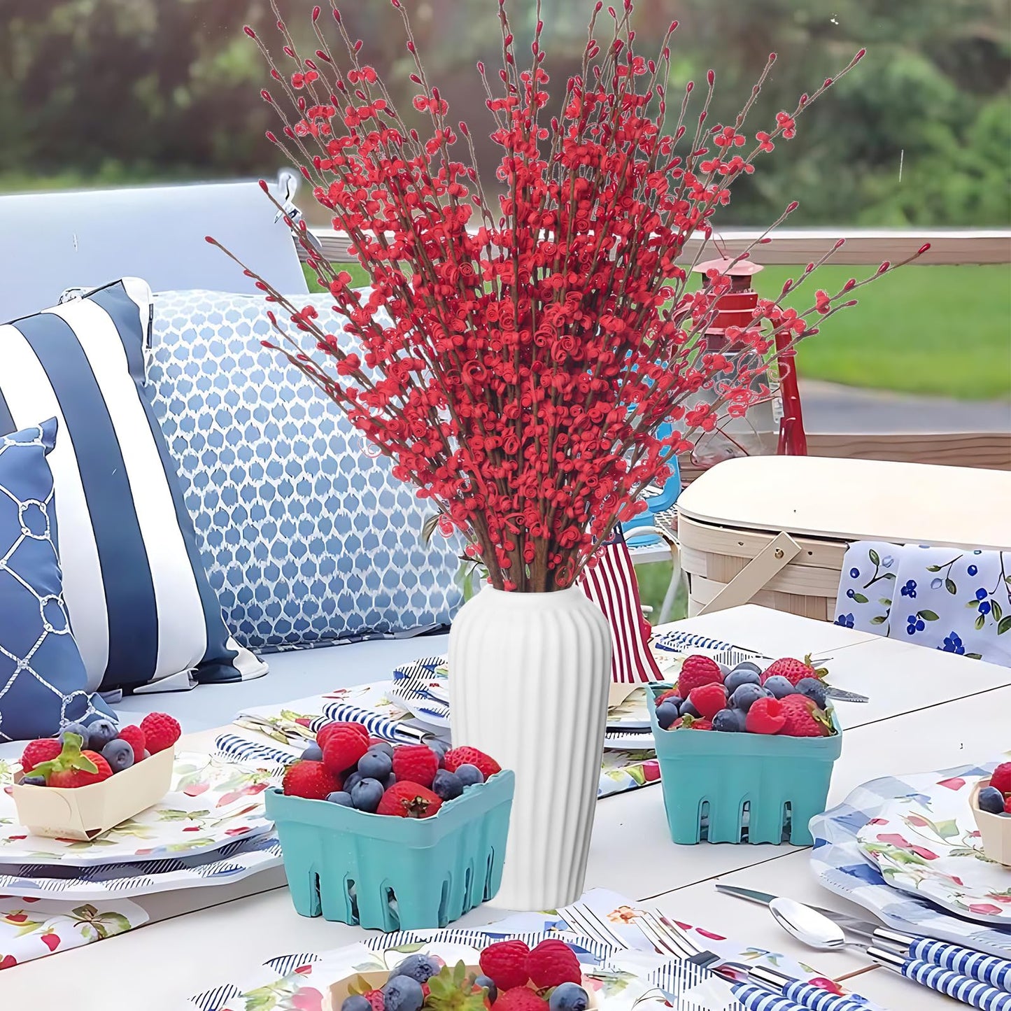 Wootkey 5 Pcs Valentine's Day Flowers Artificial Red Flowers 29.5" Long Stems Patriotic Picks with Mini Red Berry for DIY Floral Art Plant Wedding Home Office Table Decorations