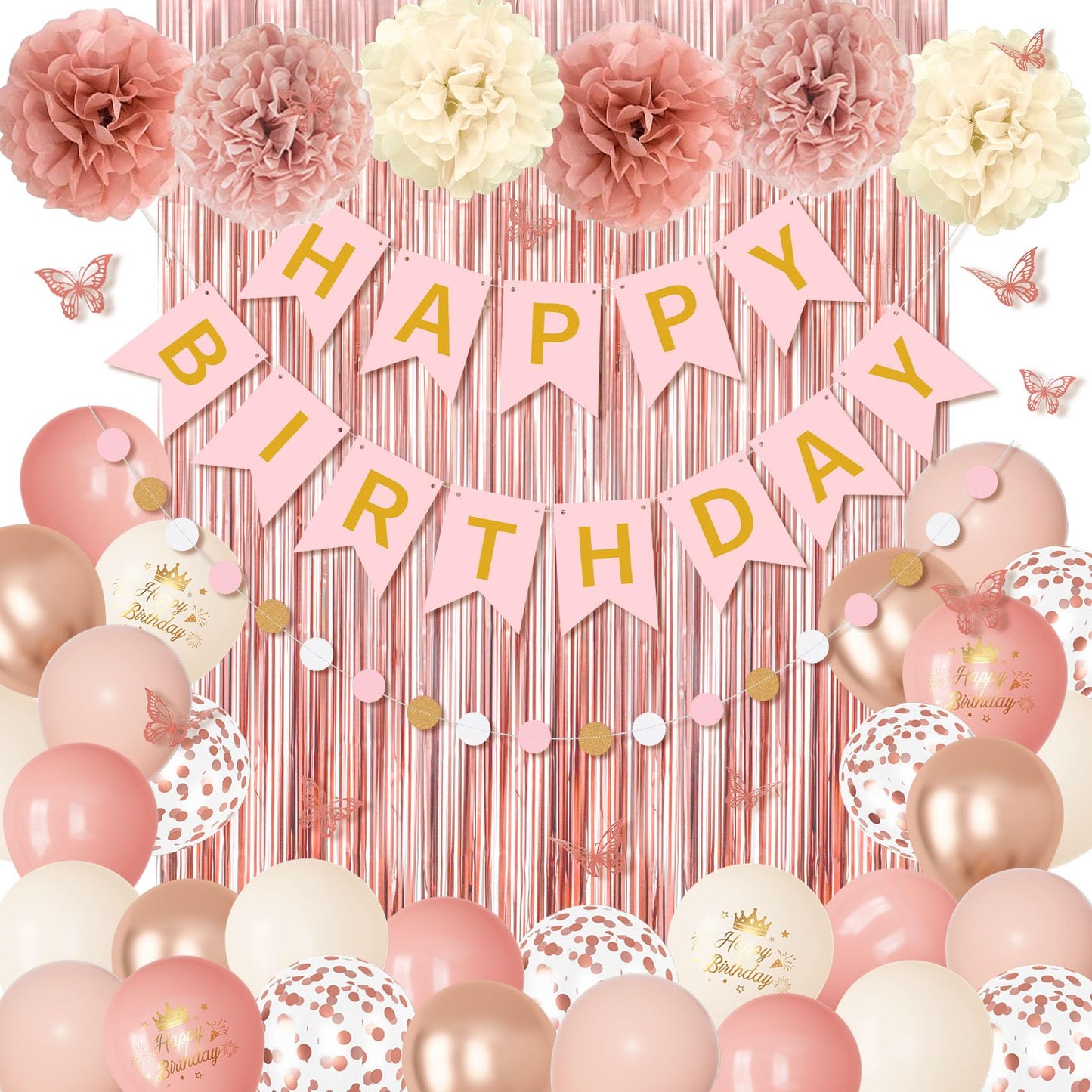 Pink Decorations for Women Girls, Dusty Pink Sand Rose Gold Metallic Printed Balloons Butterfly Stickers Fringe Curtain Happy Birthday Banner Circle Dots Garland Paper Pompoms Valentines Supplies