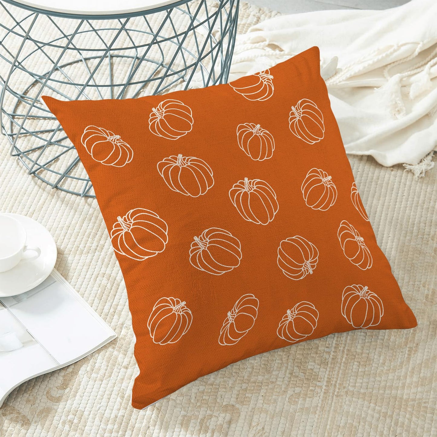 AEIOAE Fall Pillow Covers 20x20 Inch Set of 2,Burnt Orange White Pumpkin Throw Pillows Case,Autumn Outdoor Decorative Square Linen Farmhouse Harvest Decor Cushion Covers for Home Sofa Bed Couch