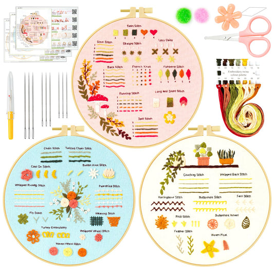 3 Sets Embroidery Kit for Beginners, Embroidery Kit for Adults with Follow Instruction, Cross Stitch Kits with Wooden Embroidery Hoops (Stlye B)