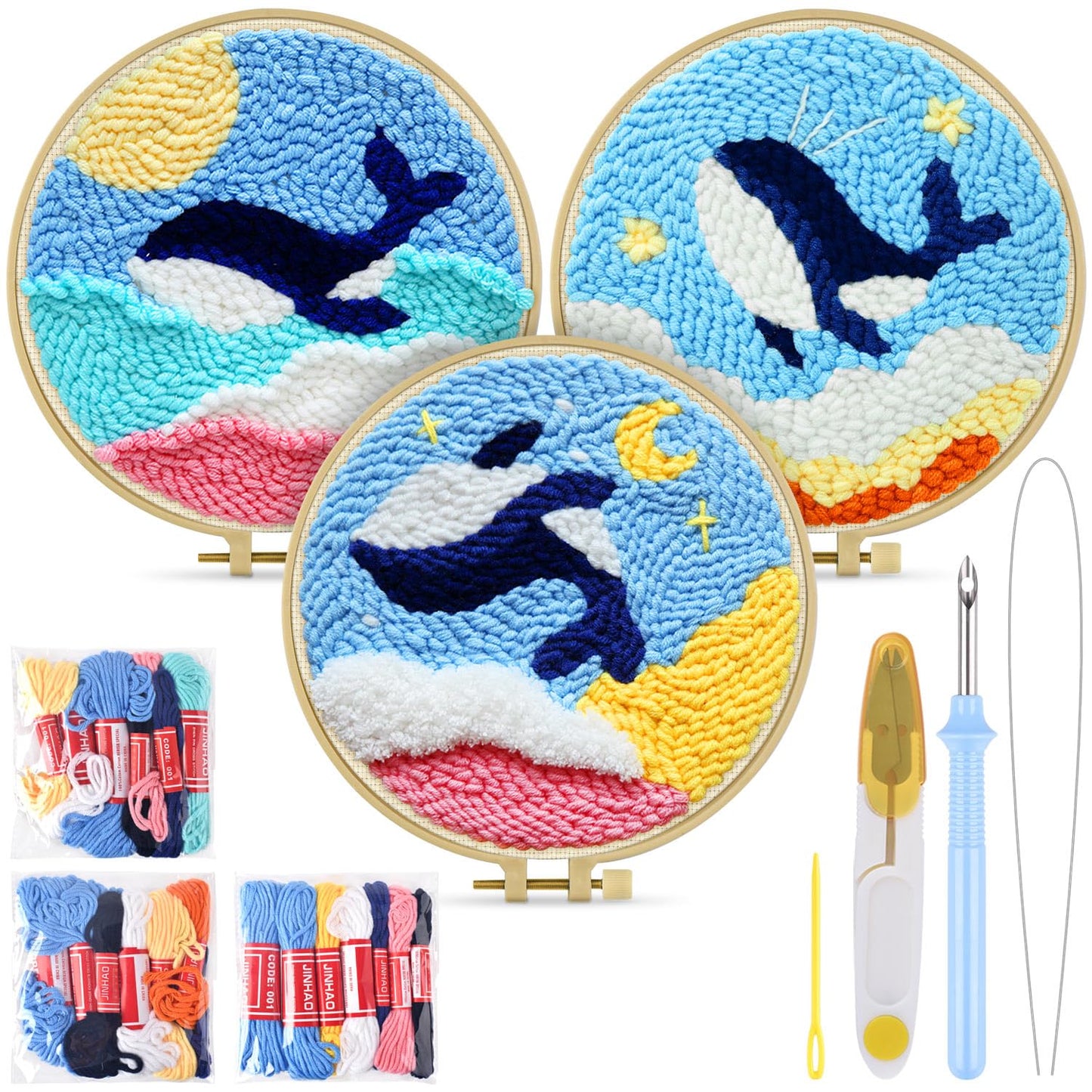 Punch Needle Kits, 3 Pack Punch Needle Embroidery Kits for Adults Beginner, Tool with Punch Needle Fabric, Hoops, Yarns and Sewing Needles (Whale)