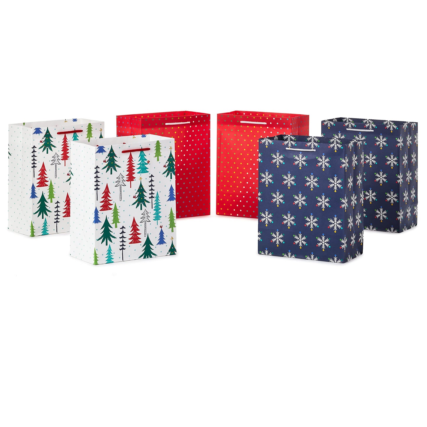 9" Christmas Gift Bags (6 Medium Bags, 3 Designs: Red Polka Dot, Colorful Trees, Navy Snowflake) for Holiday Partes, Winter Weddings, Birthdays