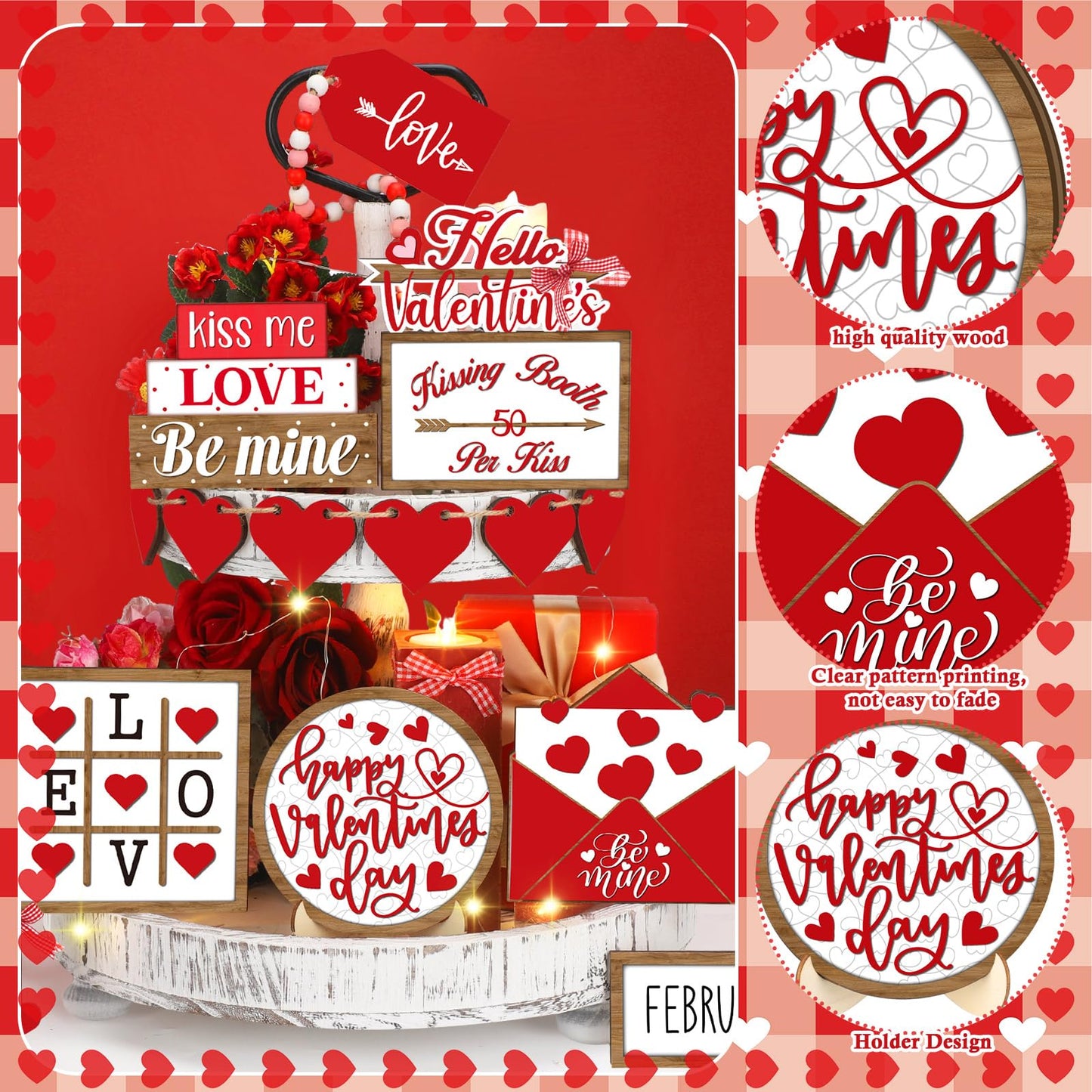 15 Pcs Valentine's Day Tiered Tray Decor Set Farmhouse Wood Valentine's Day Table Decorations Tabletop Rustic Wooden Red Love Heart Be Mine Kiss Me Table Signs for Wedding Party Gift