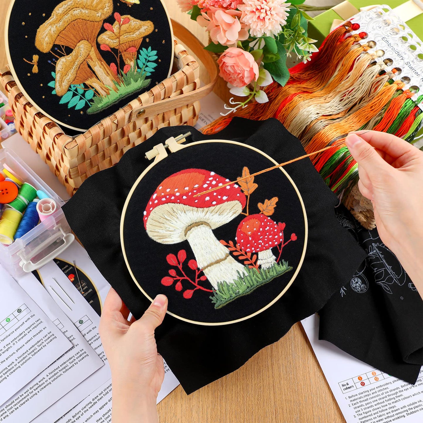 5 Sets Mushroom Embroidery Kit for Beginners with Pattern and Instructions Include Embroidery Cloth Hoops Threads for Craft Lover Hand Stitch DIY Adult Hand Needlepoint