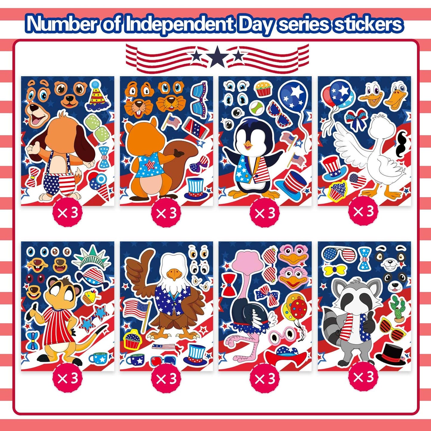 24PCS 4th of July Sticker for Kids, Make-a-face Stickers, Independence Day Patriotic Crafts Stickers, Make Your Own Animal Sticker with The Stars and The Stripes, USA Clasroom Decoration Memorial Day