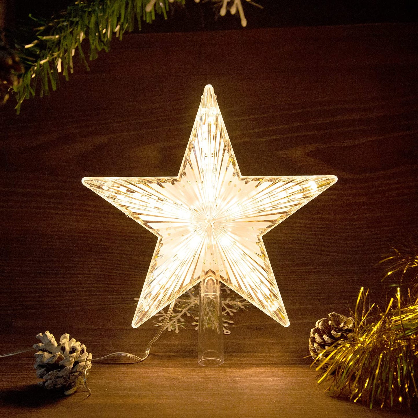 Christmas Tree Topper Star Warm White Light Christmas Tree Decor for Christmas Holiday Home Fit for General Size Xmas Tree, 8.7 Inch