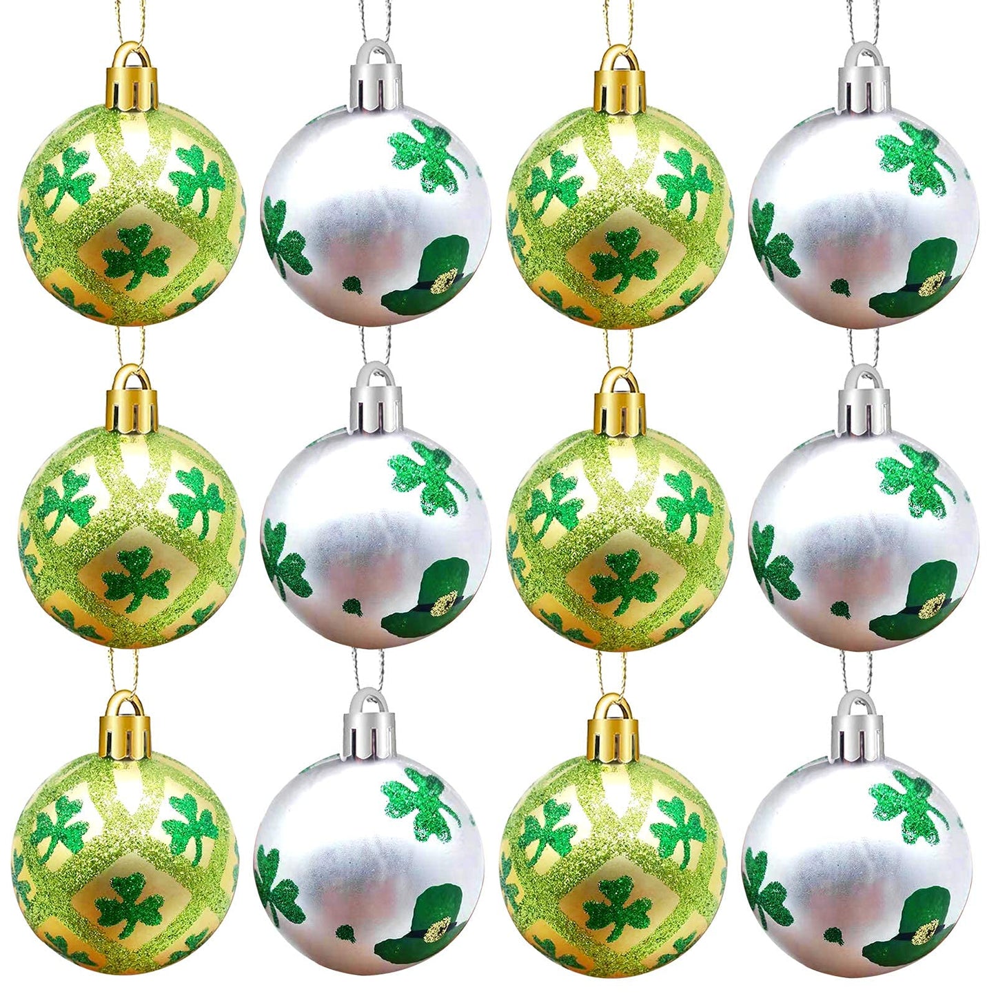 Iceyyyy 12 Pcs St Patrick Ornament Ball-St. Patrick's Shamrock Hanging Ball Ornament，Good Luck Clover Decoration Baubles for Home，Party，Festival Decor… (St. Patricks Balls)