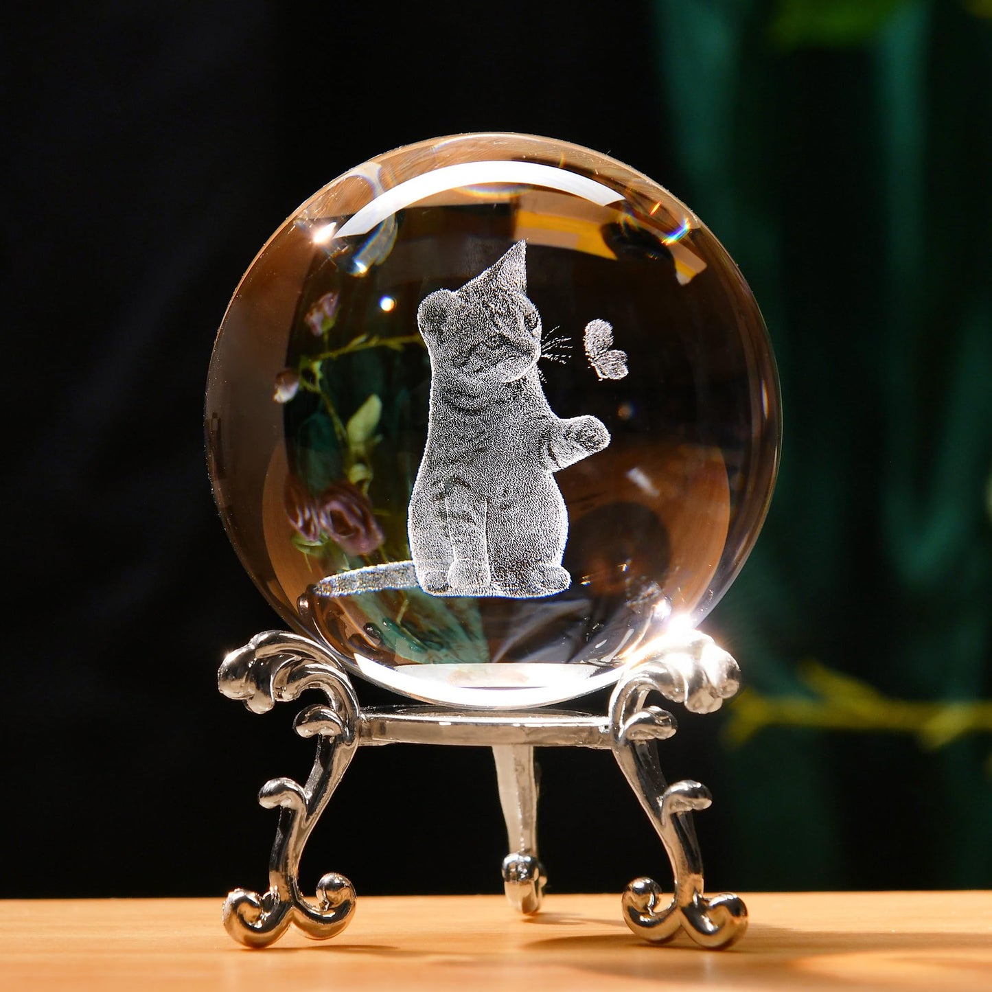 IFOLAINA 3D Cat Themed Gifts for Women 3D Crystal Ball Cat Related Sympathy Figurines Presents Kitty Decorative Globe Decor with Stand