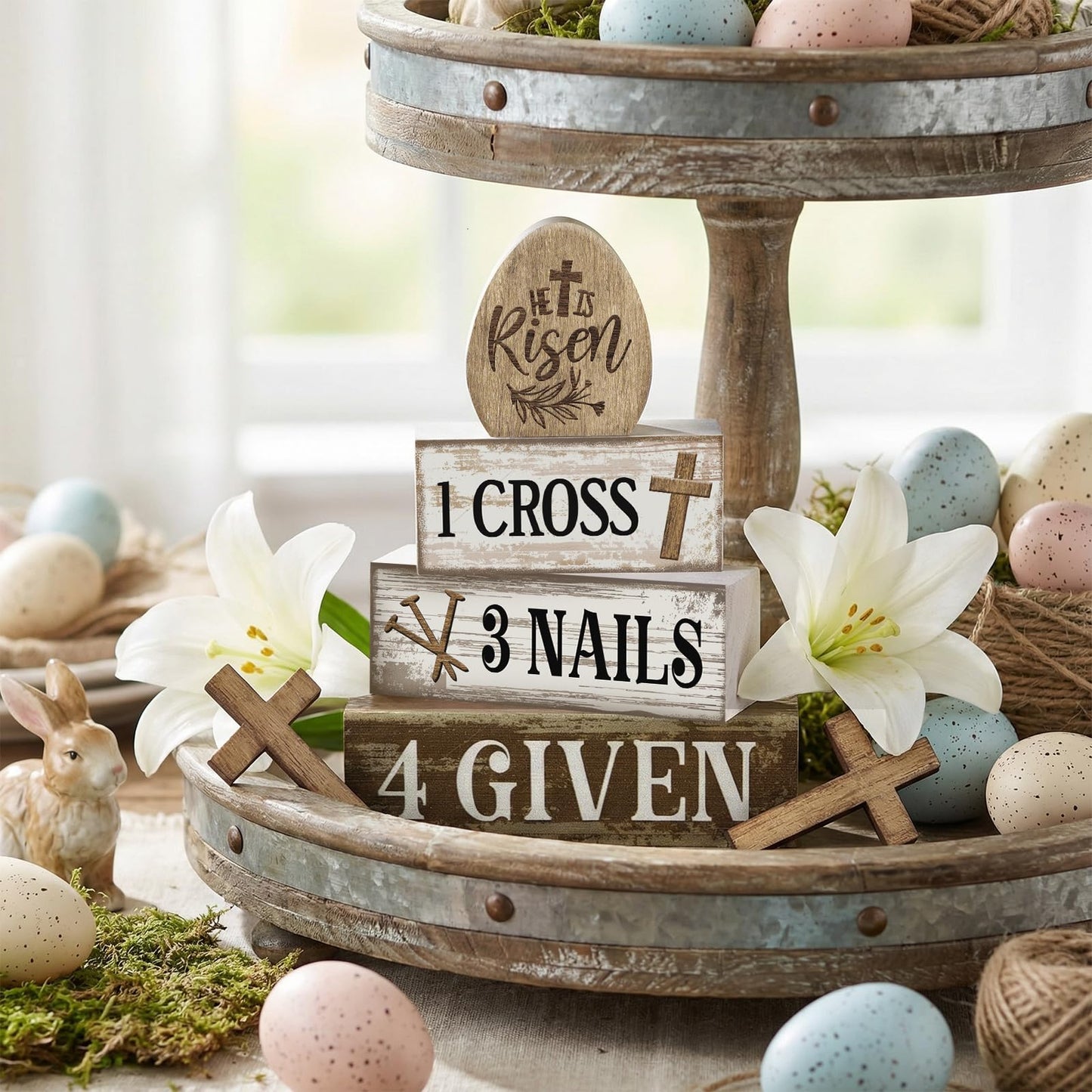 4 Pcs Easter Table Decoration Easter Gifts He Is Risen Tiered Tray Decor Christian Gifts Wooden Eggs Basket Stuffers Centerpieces for Holy Week Home Kitchen Party Decorations