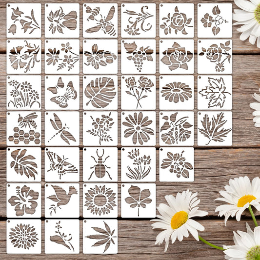 36 Pcs 3 Inch Flower Stencils, Small Stencils for Crafts, Reusable Paint Template for Wall, Butterfly & Bird Stencil for Painting Home Decor Art Projects