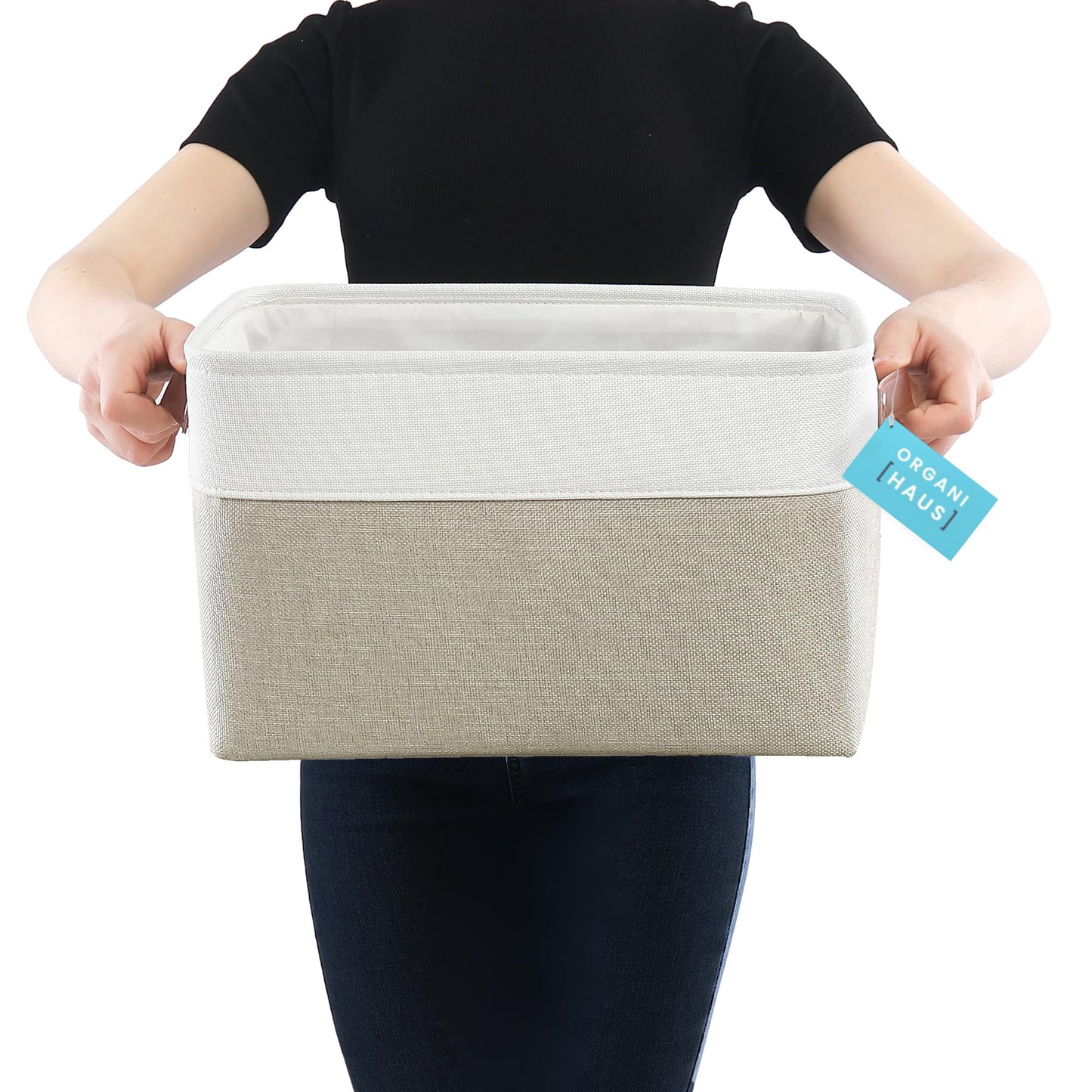 Large Fabric Storage Baskets for Shelves 3 Pack, 15x11in Closet Storage Bins for Shelves, Cloth Baskets for Organizing, Linen Closet Organizers, Fabric Basket, Beige/White