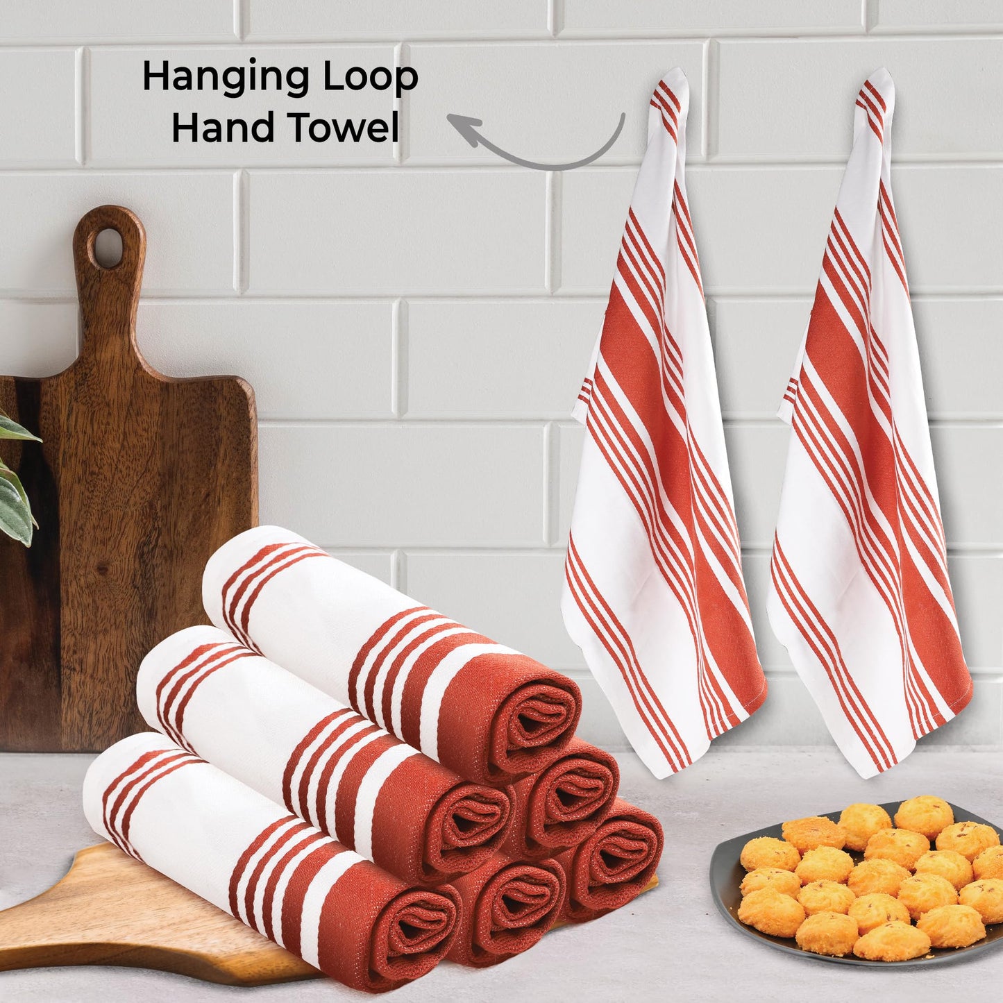 Urban Villa Fall Kitchen Towels 100% Cotton Pack of 6 Highly Absorbent Quick Drying Soft Premium Dish Towels for Kitchen with Hanging Loop Thanks Giving TeaTowels - 20x30 Inch (Rust & White Striped)