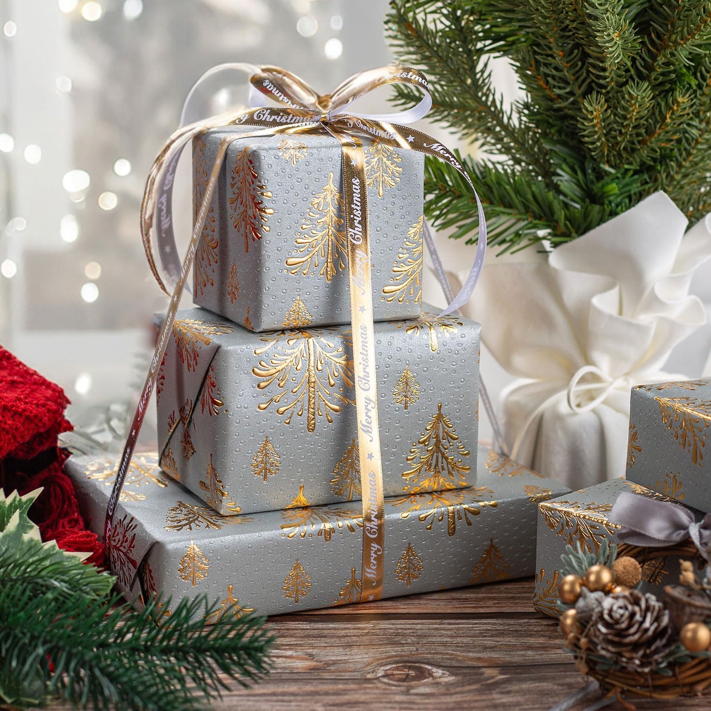 Kraft Christmas Wrapping Paper,Gray and Gold 3D Embossed Foil Christmas Tree with Woodlands Wrap Paper for Holiday, Party,Celebration, New Year (17 Inch X 32.8 Feet)