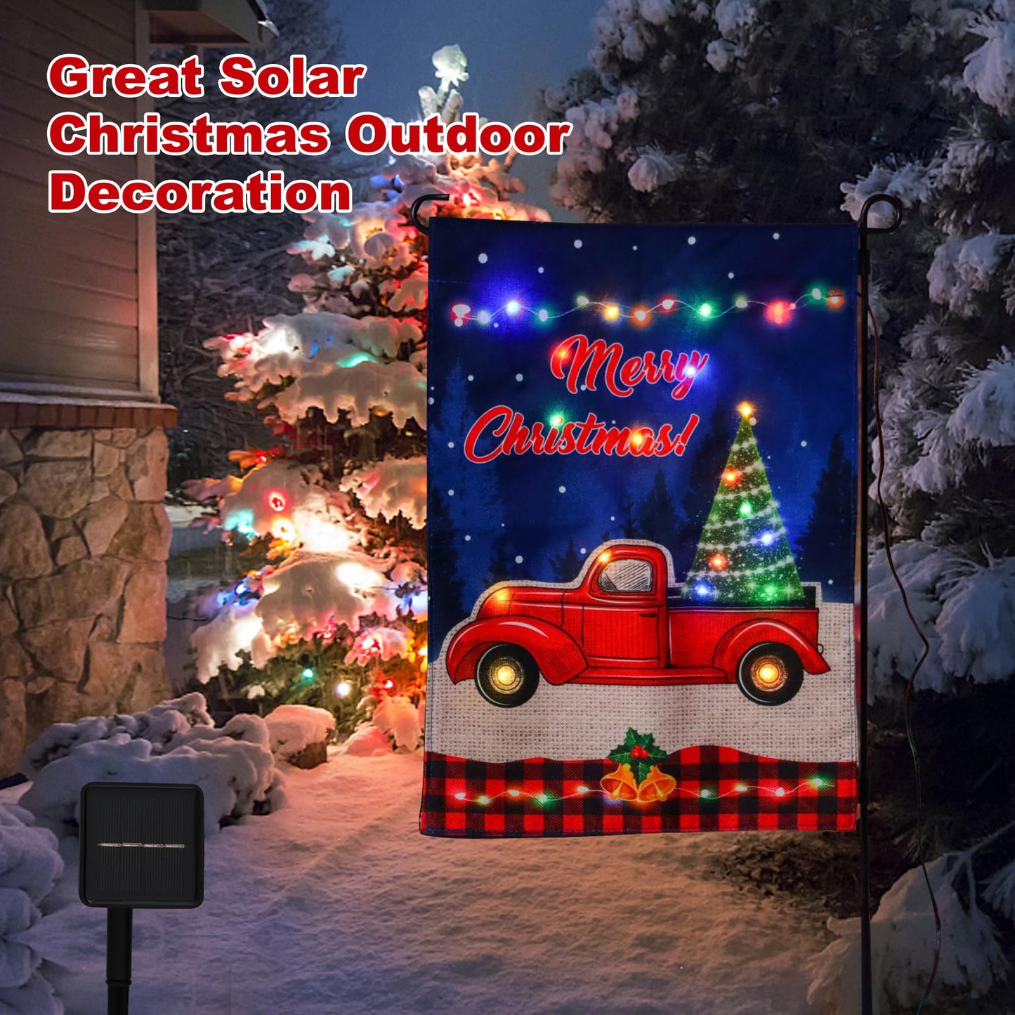 Lighted Christmas Garden Flag, LED Red Truck Flag Double Sided, Vertical Merry Christmas Flag for Outdoor Yard Garden Lawn Holiday Decoration(12x18 Inch)