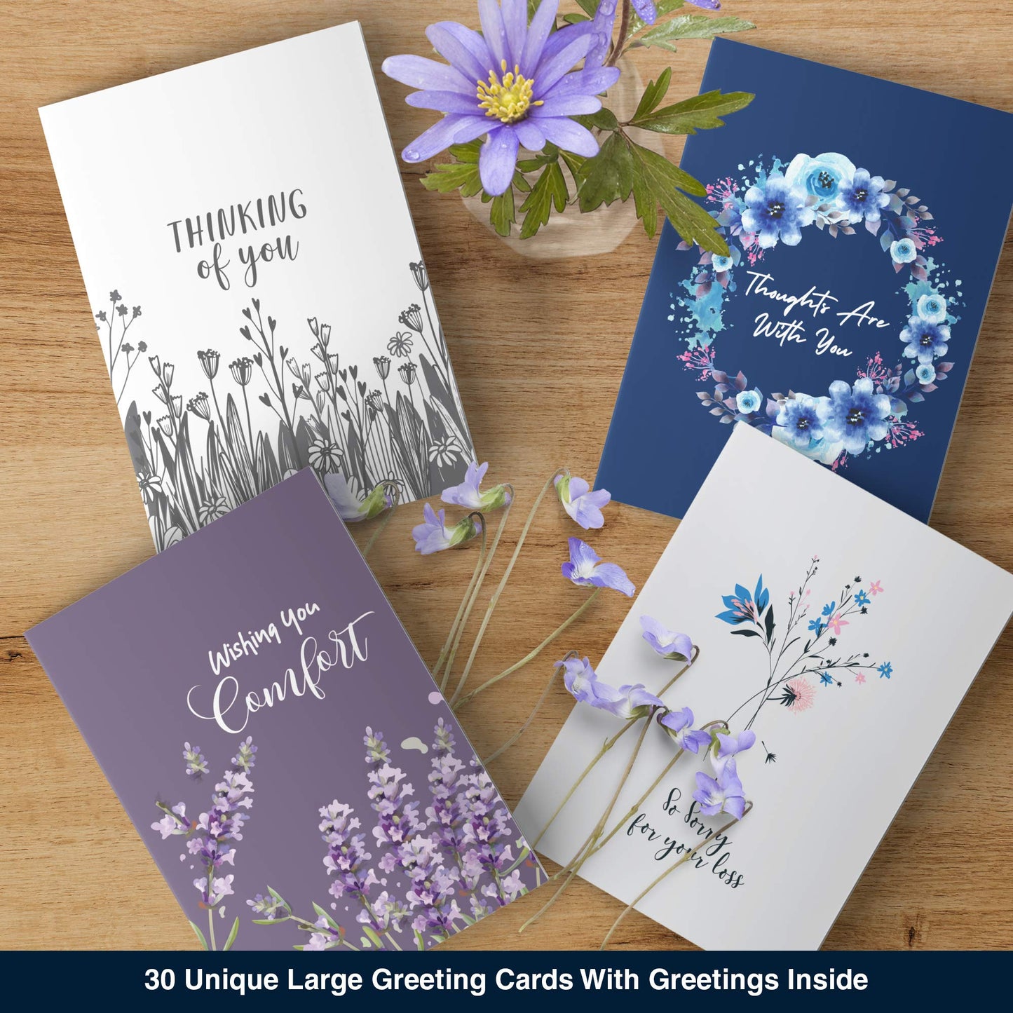 30 Unique Sympathy Cards With Greetings Inside. 30 Different, Large Greeting Cards With Envelopes and Matching Sealing Stickers. Includes Sturdy Storage Box.