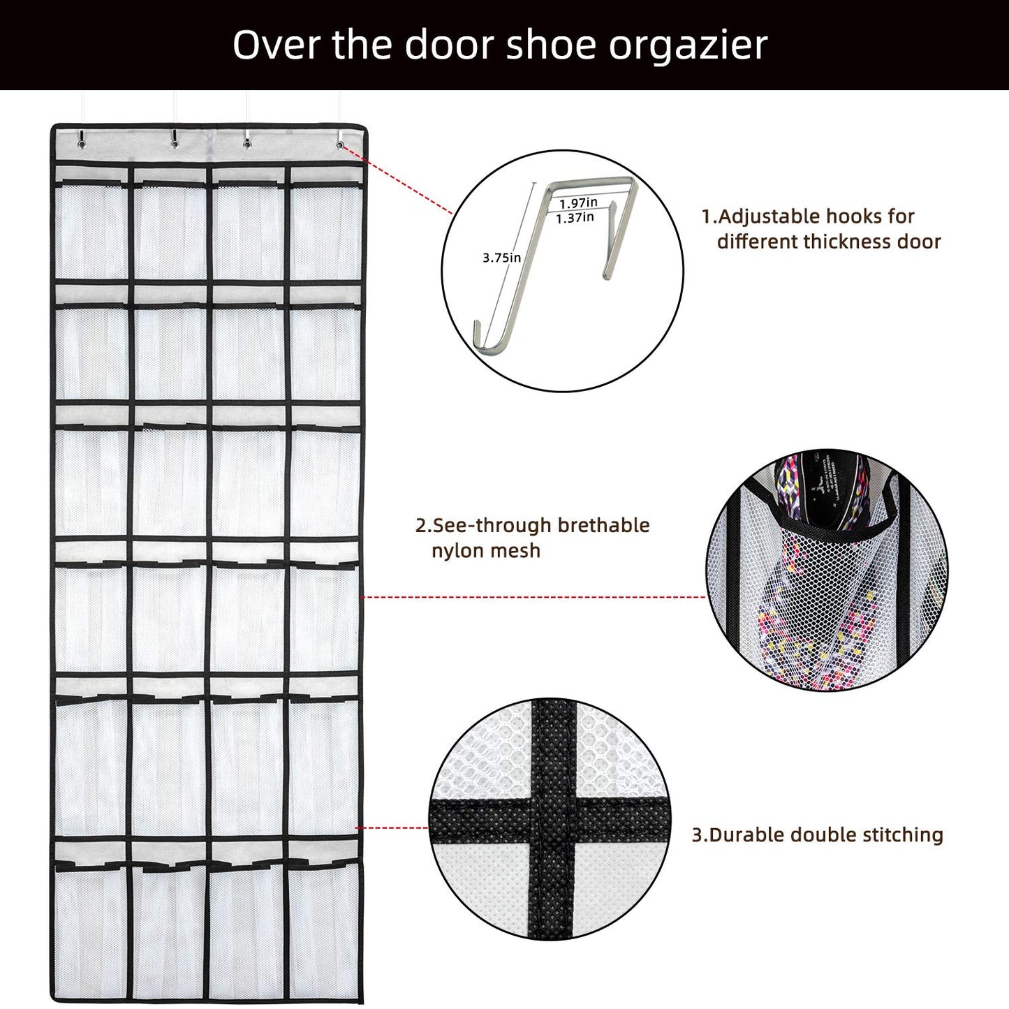 SAVERHO Over the Door Shoe Organizer, Hanging Shoe Organizer with 24 Mesh Large Pockets Door Shoe Rack Organizer for Men Women Kids Hanging Shoe Storage Bag.(White