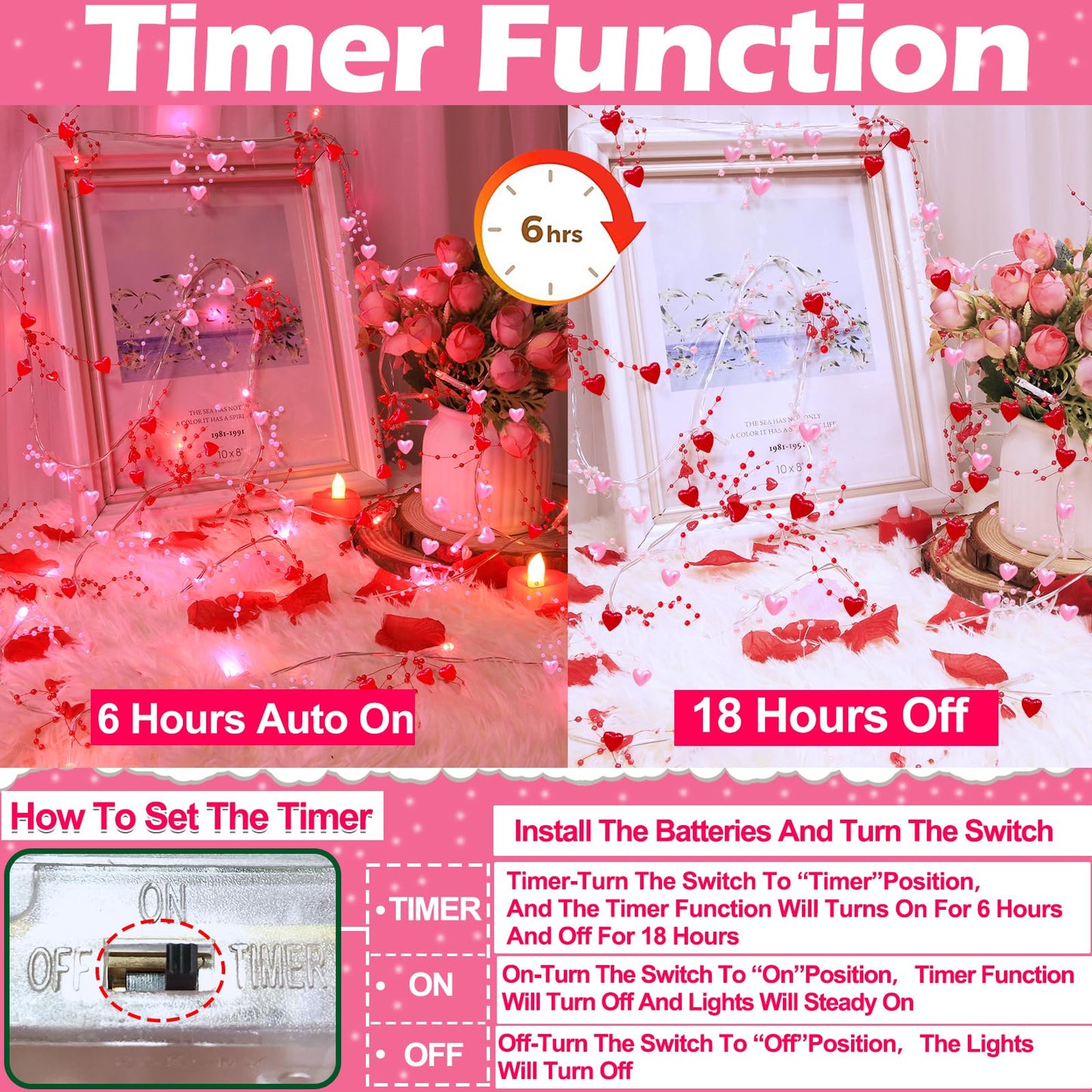2 Pack Valentines Day Decorations Pink & Red Hearts Lights, Valentine Day Garland with Light Total 13Ft 40LED Beads Hearts String Light Battery Operated Valentines Day Lights for Home Bedroom