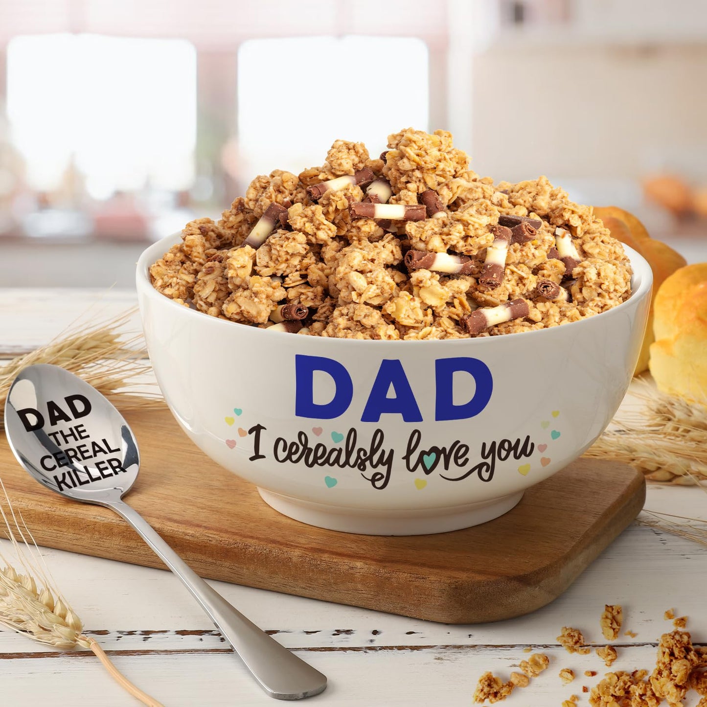 YEUYUQIU Fathers Day Dad Gifts from Daughter - Ideal Father's Day Birthday Gifts for Daddy Father, Dad Cereal Bowl Spoon Set Present for Valentines Father's Day Christmas - Cerealsly Love You Daddy