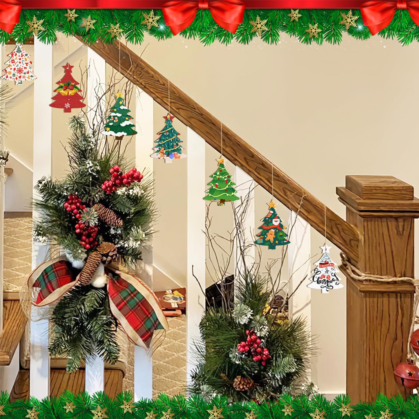 Wooden Christmas Ornaments to Paint Christmas Tree Decoration Cutouts Unfinished 24PCS 3.5 x 3 inches, DIY Blank Unfinished Christmas Tree Wood Discs Ornament for Home Crafts Hanging