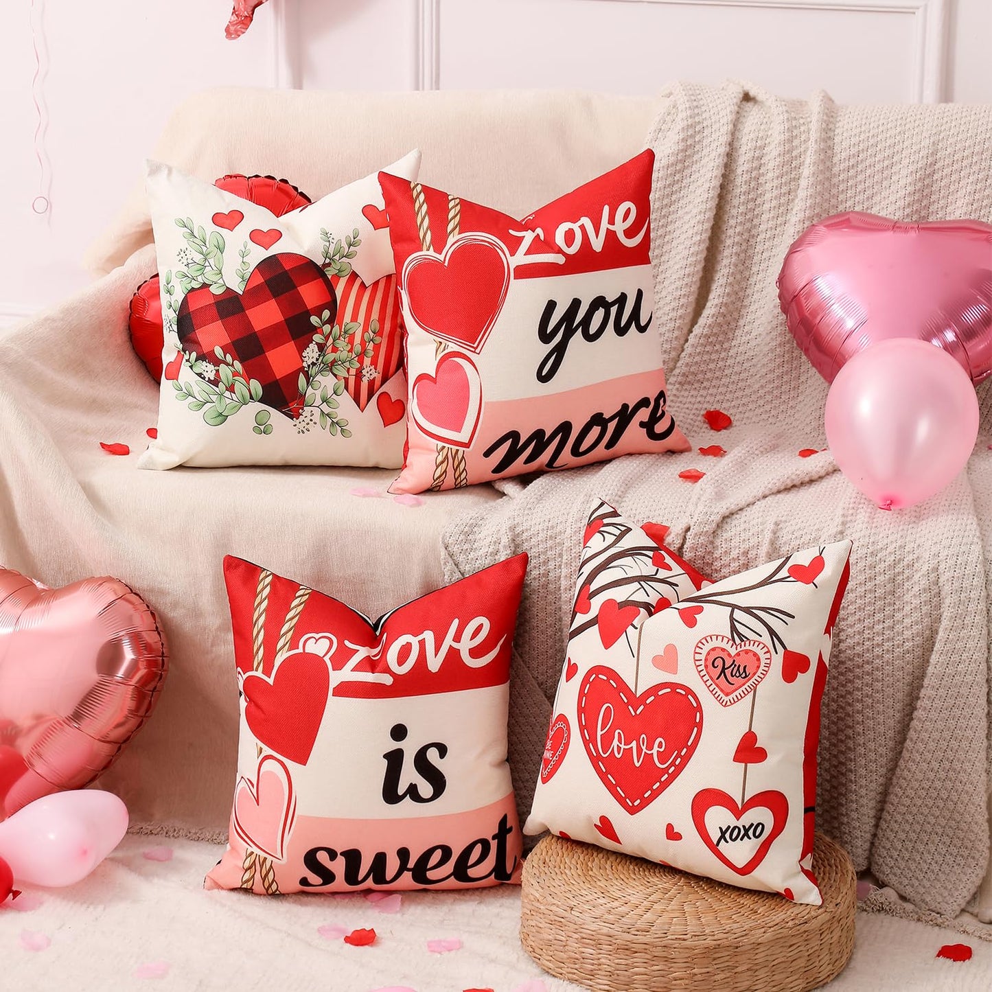Valentine Decorations Set of 4 Double-Sided Valentine's Day Throw Pillow Covers 18" x 18", Reversible 8 Designs, with 16 pcs Heart & Love Balloons, Stickers, Complete Valentines Decor Kit