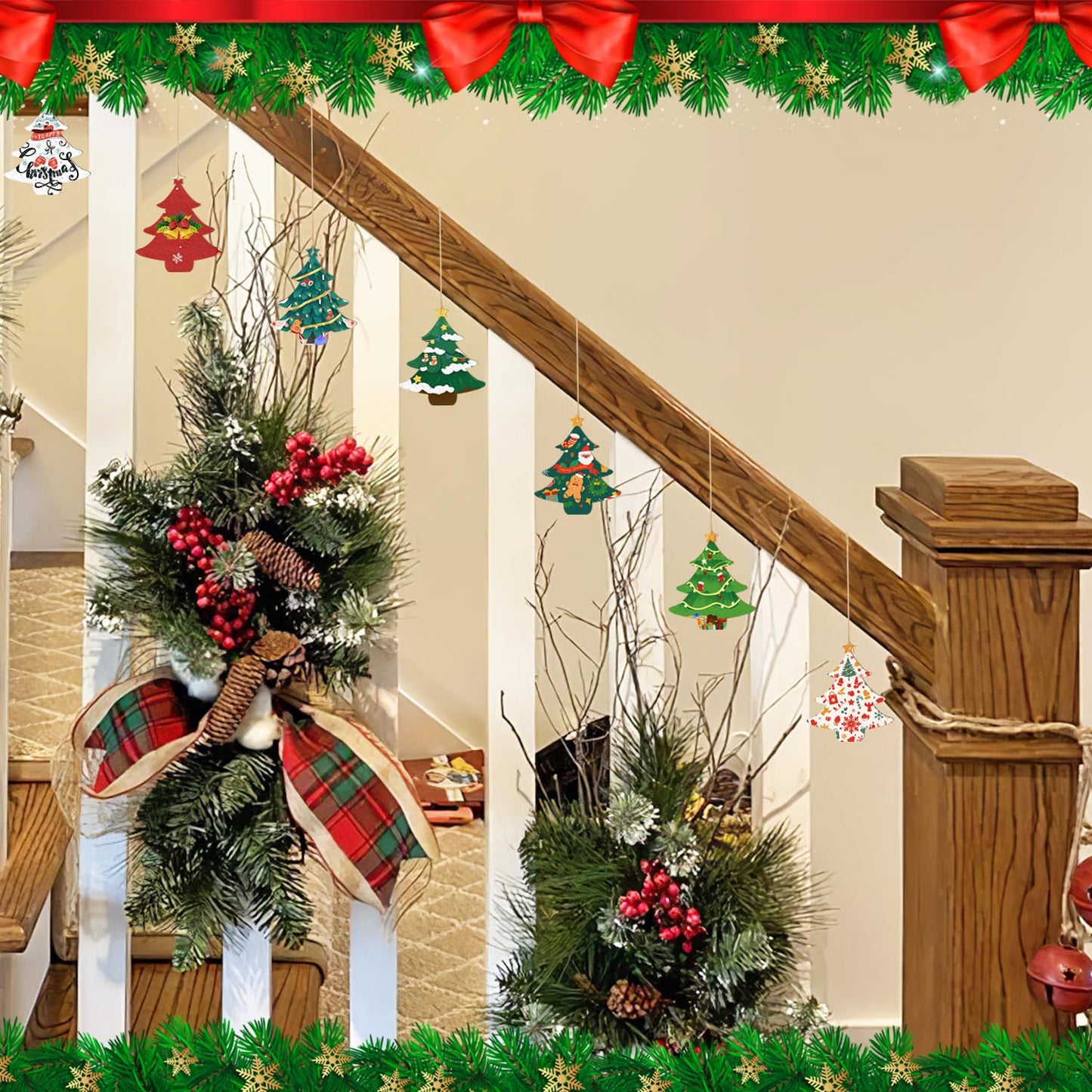 Wooden Christmas Tree Ornaments to Paint Christmas Thanksgiving Decoration Cutouts Unfinished 24PCS 3.5 x 3 inches, DIY Blank Unfinished Christmastree Wood Discs Ornament for Home Crafts Hanging