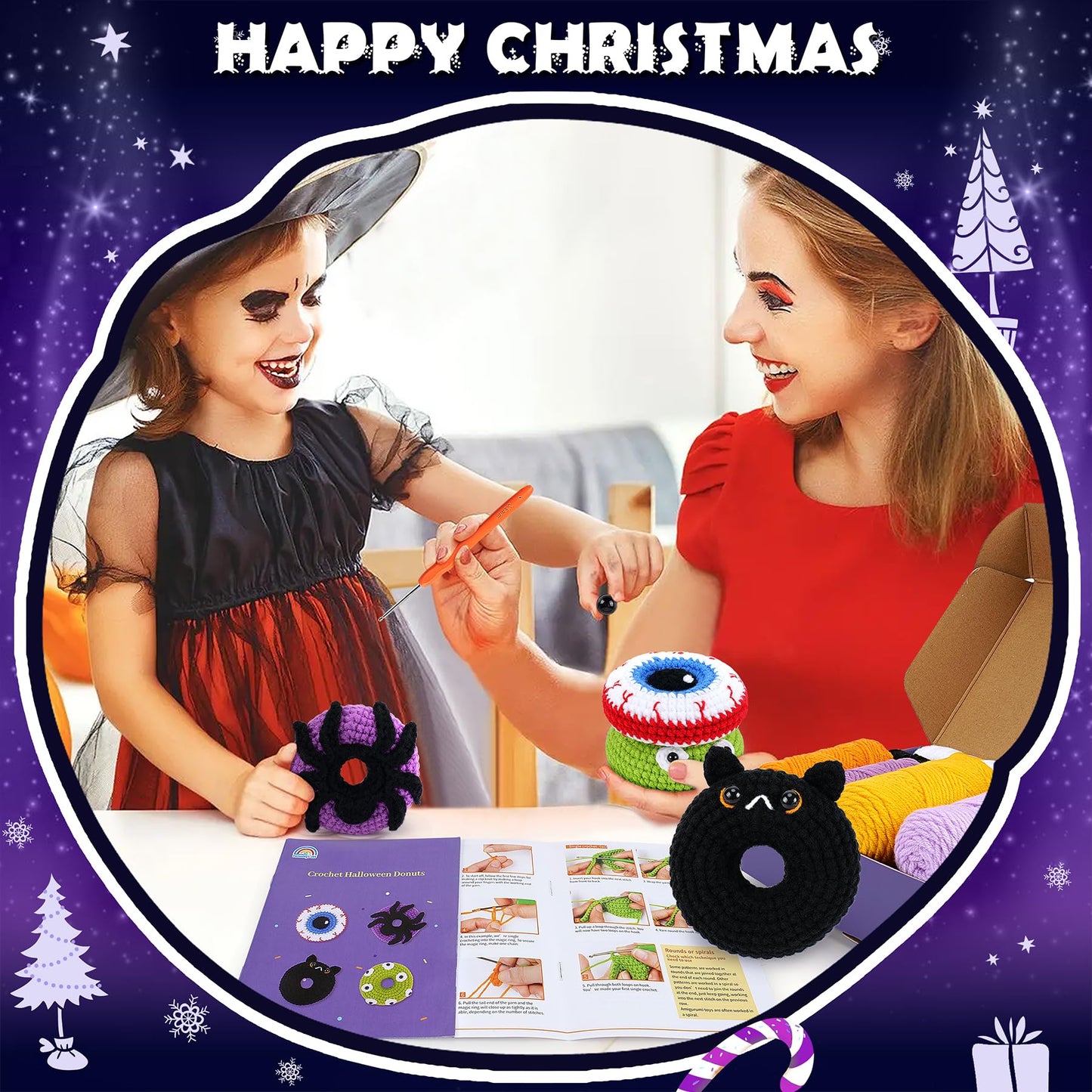 Crochet Kit for Beginners, 4 PCS Donut Family Crochet Kit with Step-by-Step Video Tutorials, Beginner Crochet Kit for Adults and Kids, Donut Family Crocheting Set