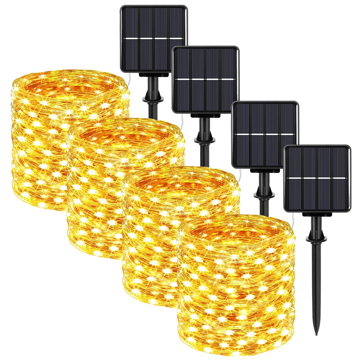 Extra-long 288FT 800LED Solar Fairy String Lights, 4-Pack 72FT 200 LED Outdoor Twinkle Lights Waterproof, 8 Lighting Modes, Warm White Copper Wire Lights for Deck Backyard Tree Garden Fence Pool Party