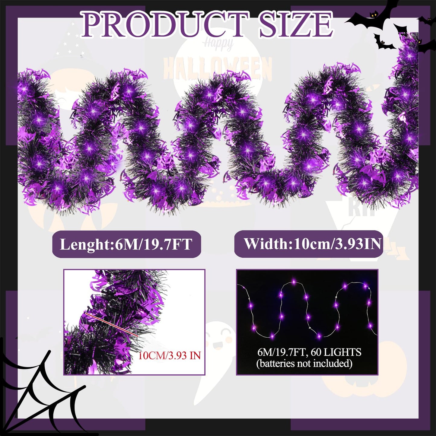 20FT/6M Halloween Tinsel Garland with LED Lights Metallic Twist Tinsel Garland Battery Operted Lighted Foil Hanging Decoration for Halloween Party Decoration Supply