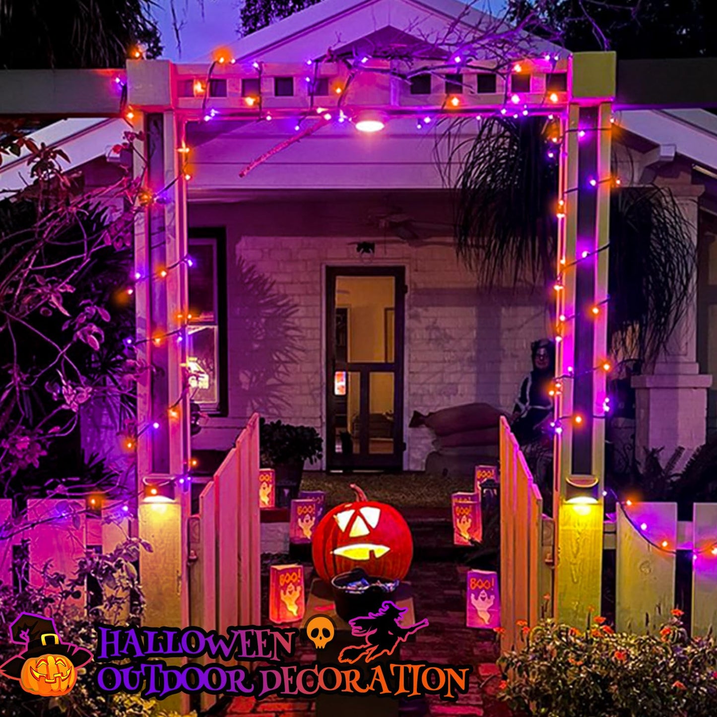 4 Pack Solar Halloween Lights Outdoor Waterproof, 180FT LED String Lights With Black Wire, 8 Modes Fairy Twinkle Lights for Tree Bush Garden Horror Party Decorations - Orange and Purple