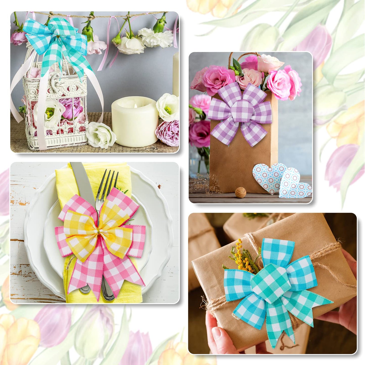 Colored Wired Edge Ribbon 30 Yards Spring Pastel Gingham Patterned Ribbon Colorful Buffalo Plaids Craft Fabric Ribbon for Gift Wreath Bow Making DIY Crafts Wrapping Supplies, 5 Rolls