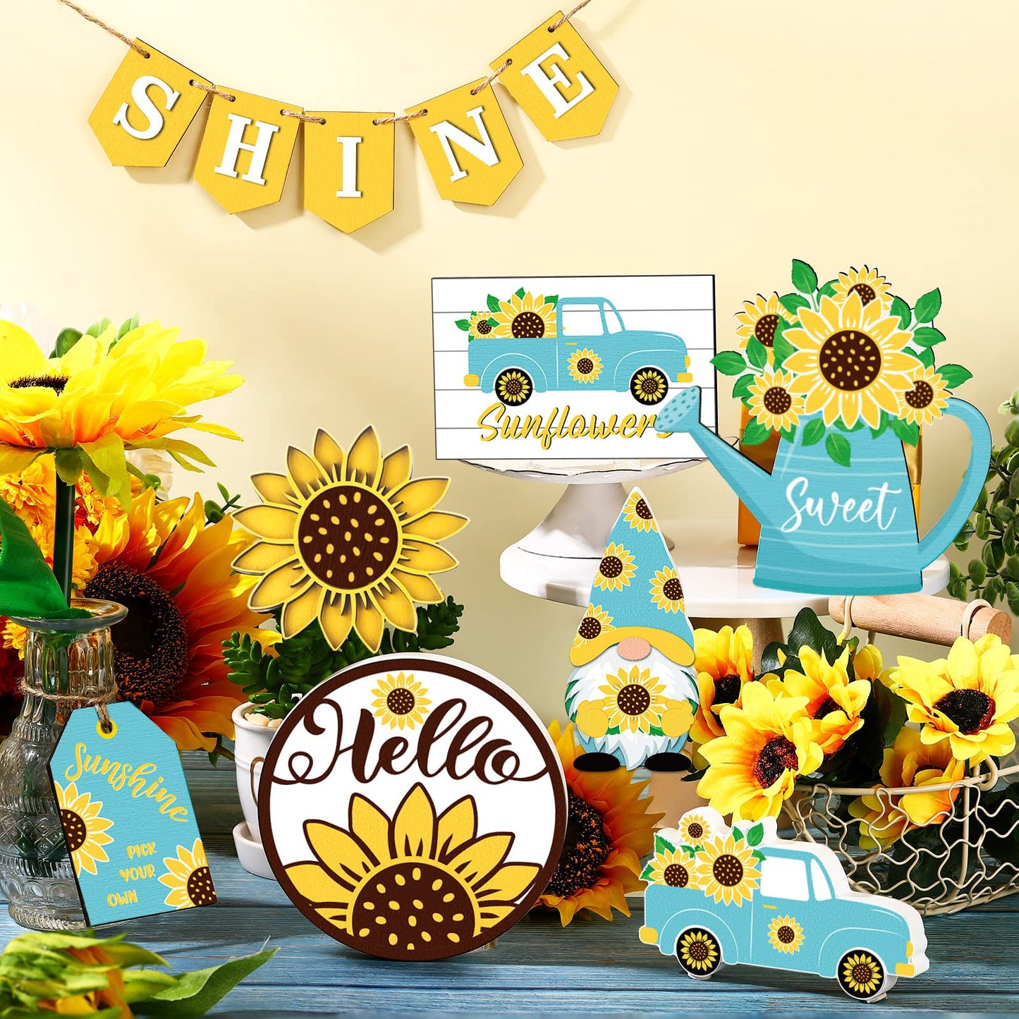 12 Pcs Sunflower Tiered Tray Decor Wooden Summer Tiered Tray Items Truck Gnomes Trays Signs Spring Summer Fall Tabletop Signs for Home Farmhouse Rustic Kitchen Decorations (Sunflower)