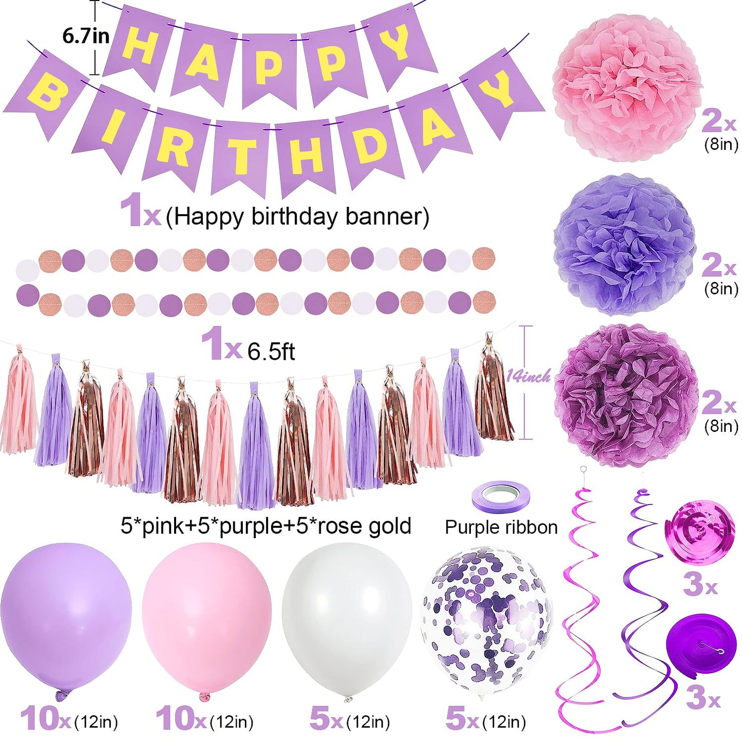 Purple Pink Birthday Party Decorations for Women Girls with Happy Birthday Banner,Hanging Swirls,Tissue Paper Pompoms,Circle Dots Garland,Tassel Garland Purple Birthday Balloons (Purple)