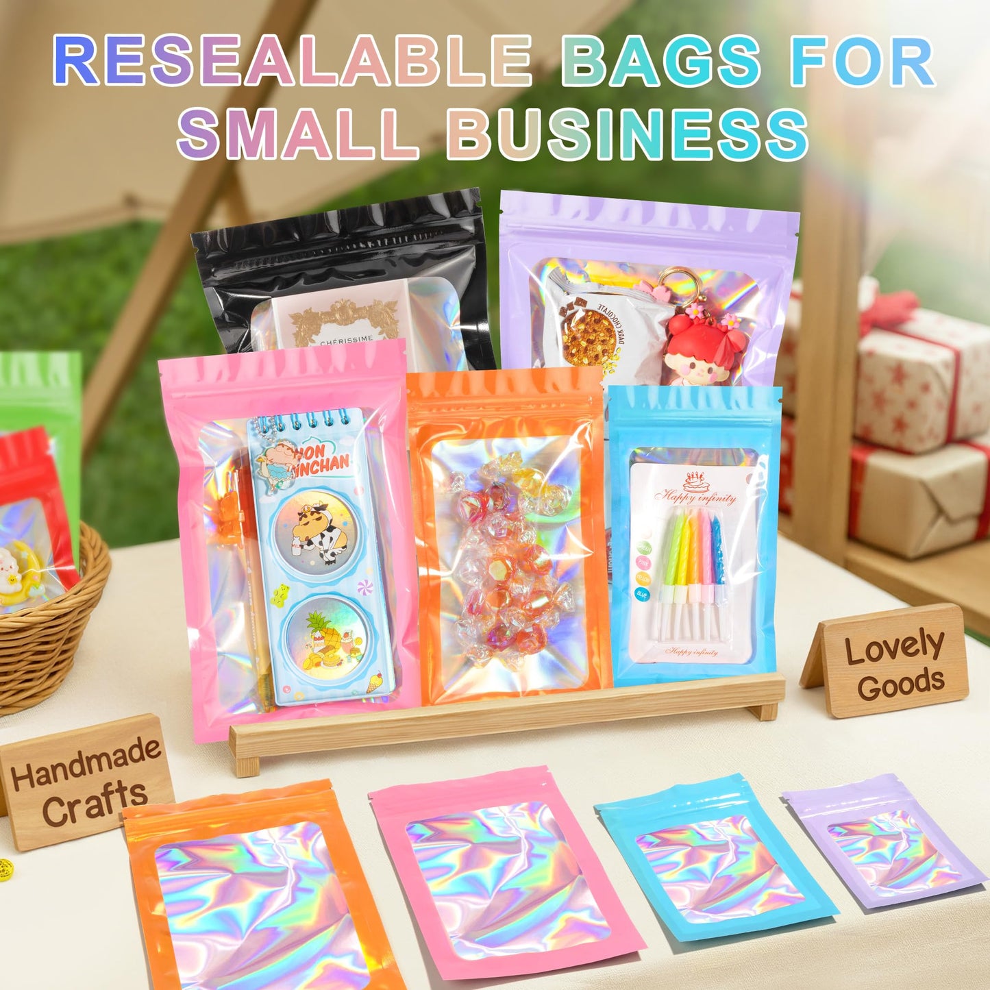 100 Pieces Smell Proof Mylar Bags, Holographic Packaging Bag, Resealable Odor Foil Pouch Zipper Bags with Clear Window for Food Storage and Lipgloss, Jewelry Lash (Black, 2.4 x 3.9 Inch)