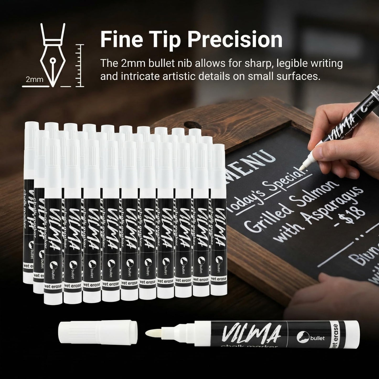 VILMA White Liquid Chalk Markers 36 Pack Chalk Pens for Blackboard, Chalkboard, Windows, Glass, LED Board, Bistro Signs – Erasable Water-Based Ink Ideal for Teachers, Artists & DIY Projects