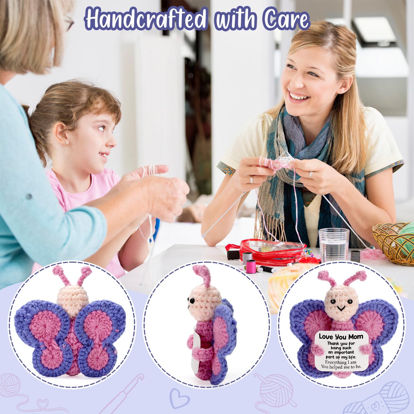 WEYON Mom Gifts for Mothers Day from Daughter Son, Mini Crochet Butterfly for First New Bonus Mom in Law Birthday, Funny Presents Like Necklace Card Bracelet Blanket Flowers Basket Candle Mug Box Set
