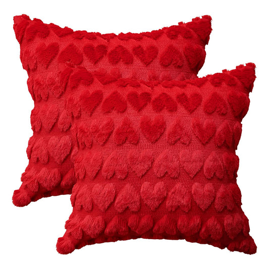 Valentine's Day Love Heart Throw Pillow Cover Set of 2, 18 x 18 Inch Red Soft Plush Faux Fur Jacquard Anniversary Wedding Cushion Case Decoration for Sofa Couch