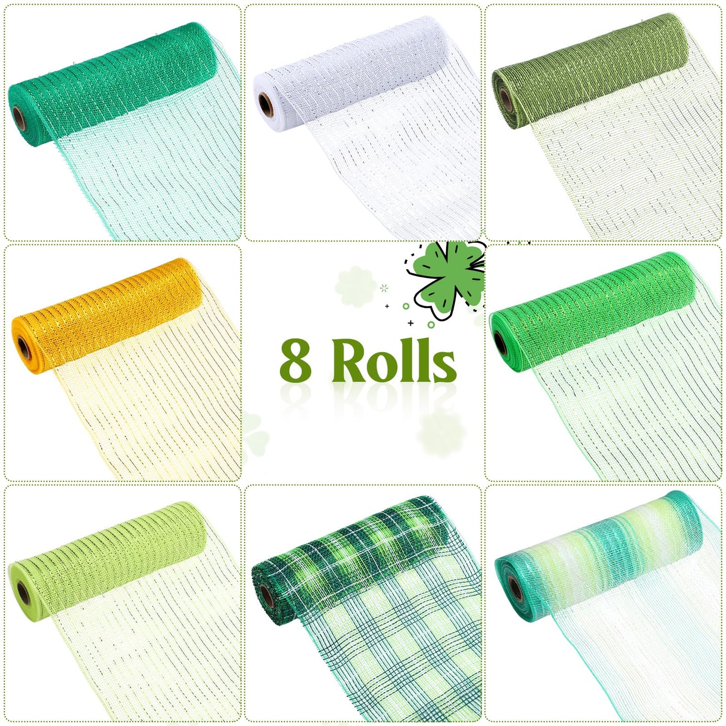 8 Rolls St. Patrick's Day Mesh Ribbon for Wreaths 10 Inch x 30 Feet Each Roll Decor Poly Metallic Foil Mesh Ribbon Decoration DIY Crafts Making Supplies for Spring Wedding