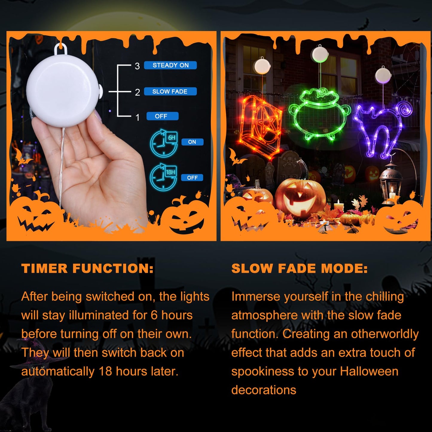 LOLStar Halloween Lights, 3 Packs Spellbook, Cat and Cauldron Halloween Lights with Suction Cup, Upgrade Timer and Slowly Fade Mode Battery Operated Indoor Lights for Halloween Window Decoration