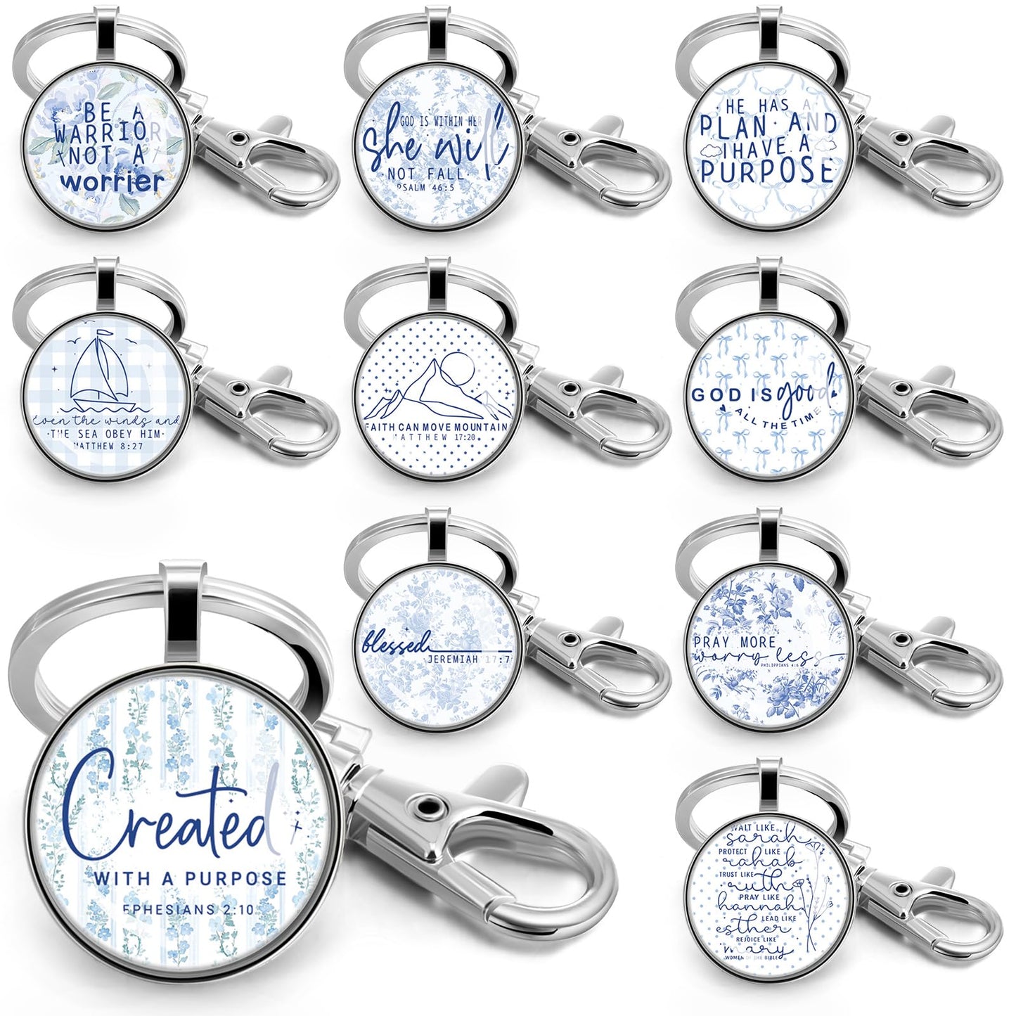 Fumete Mothers Day Gift for Women Bulk Keychain Bible Verse Religious Keychain Scripture Inspirational Gift for Church Member(20 Pcs,Blue White Watercolor)