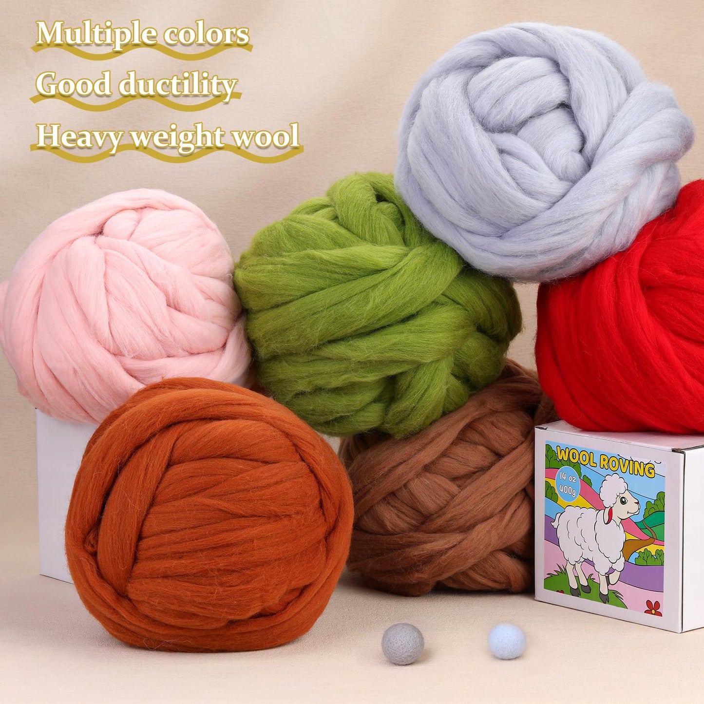 QMNNMA Wool Roving Bulk, 14.1oz Needle Felting Wool, Super Wool Chunky Yarn for Needle Felting, Fiber Roving Wool Top for Hand Spinning, Felting, Blending, Weaving and DIY Craft (400g)