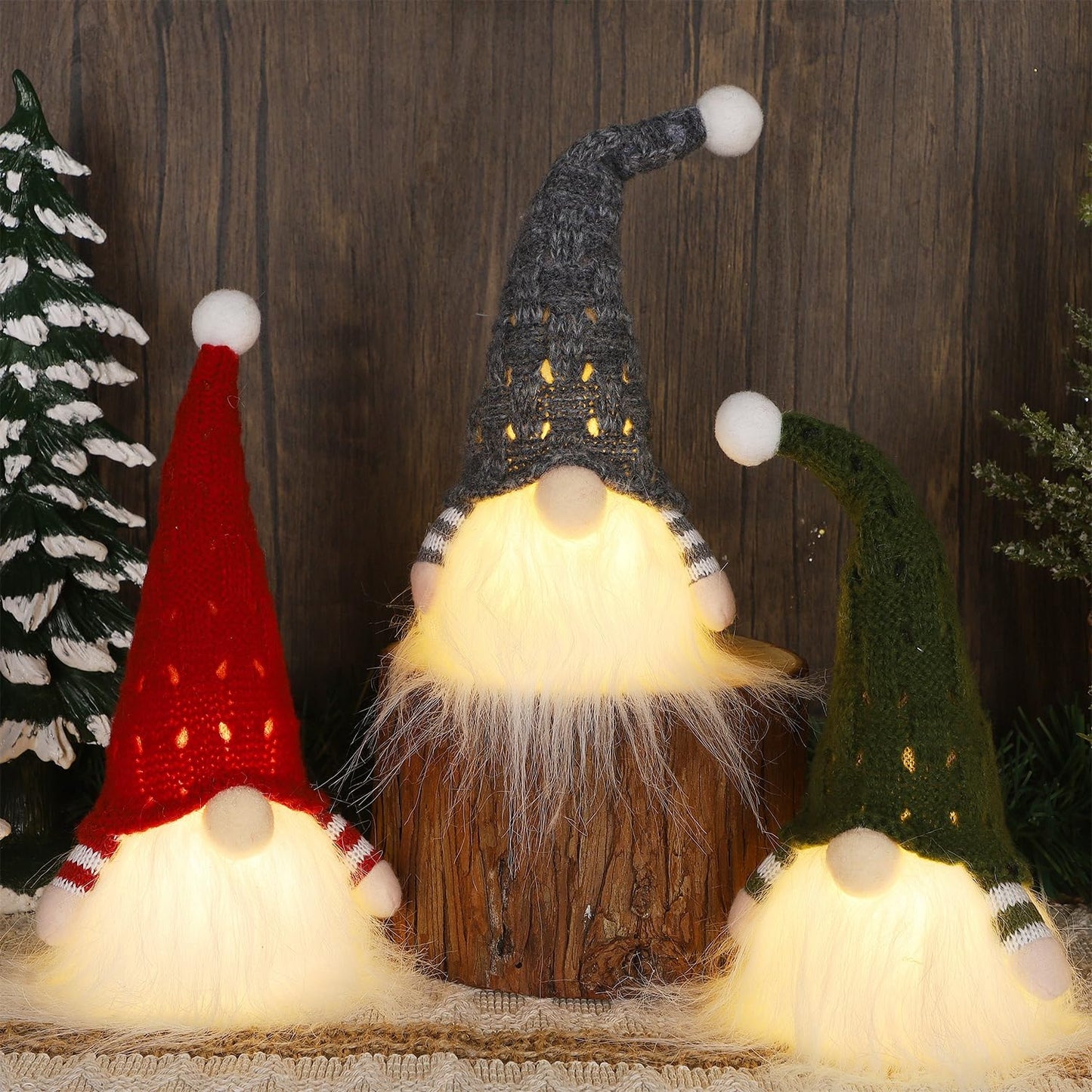 Christmas Plush Gnomes, 9 Inch Lighted Handmade Mini gnome Scandinavian, Light Up Swedish Tomte Elf Holiday Present, Battery Operated Xmas Gifts Table Ornaments Dinner Party Supplies, Set of 3