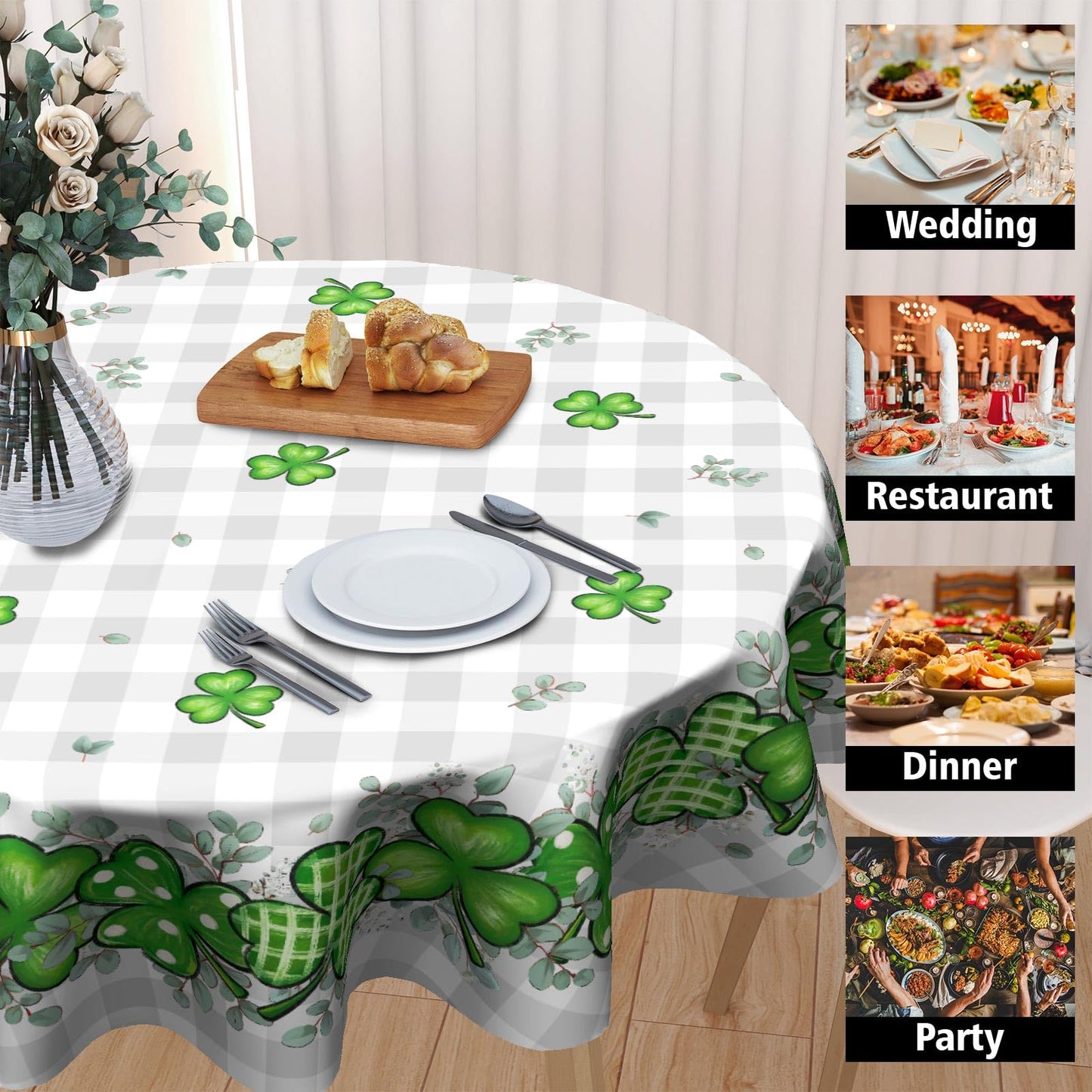 St. Patrick's Day Tablecloth 60x60 Inch Round Buffalo Plaid Shamrock Eucalyptus Table Cloths Spring Irish Dust-Proof Spill Proof Table Covers for Farmhouse Holiday Party Dining Kitchen Tabletop Decor