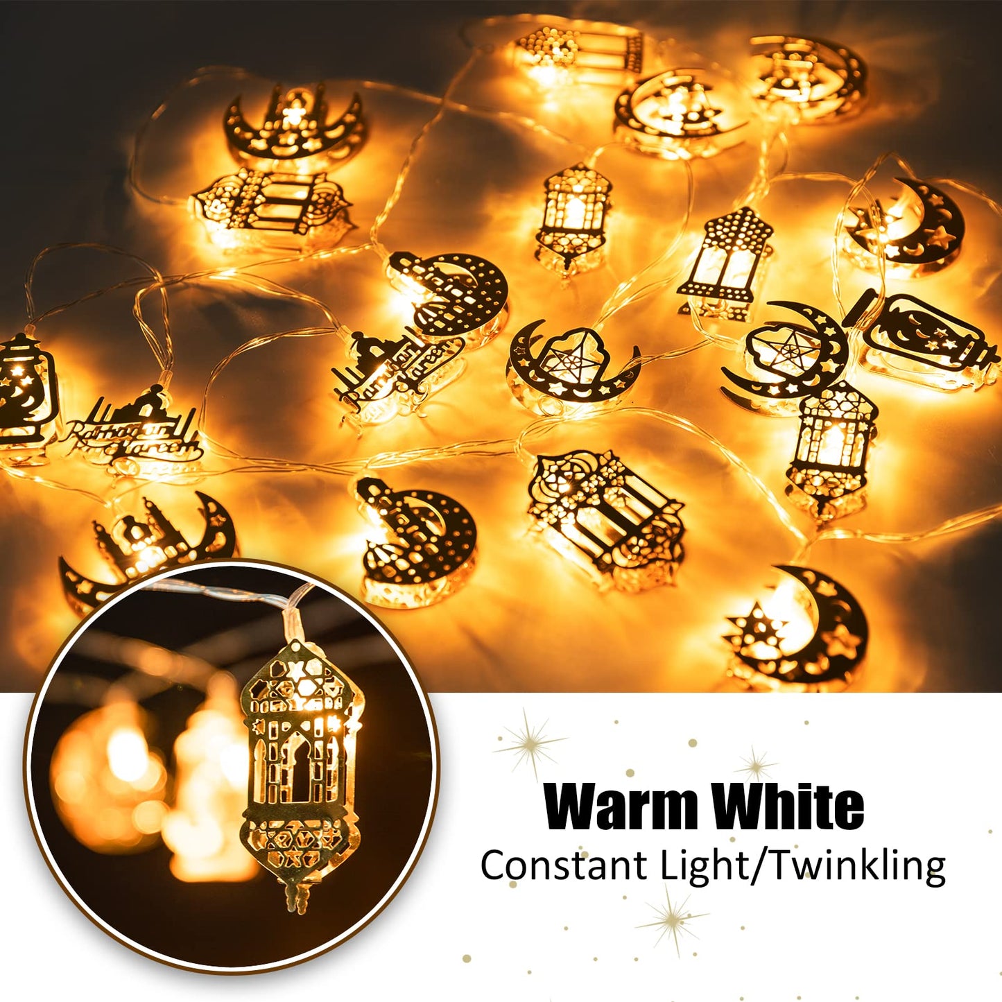 Ramadan Eid String Light - 9.8 ft 20 LEDs Mubarak String Light, Muslim String Decor with Moon Star Kerosene Lantern Palace Ornaments for Islamic Indoor Outdoor Home Garden Party Supplies - White Bulb