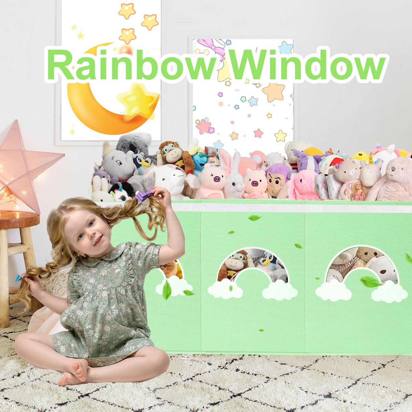 Extra Large Toy Box Chest, Toy Storage Organizer Bins with Transparent Windows, Foldable Storage Box for Kids,Boys,Girls,Toddler,Nursery Room,Playroom(Green Cloud)