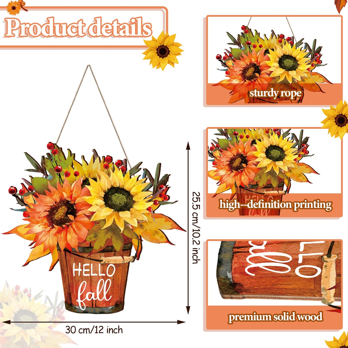 Hello Fall Sign Hello Fall Door Sign Wooden Farmhouse Home Sign with Fall Sunflower for Porch Farmhouse Thanksgiving Autumn Front Door Outdoor Home Decor